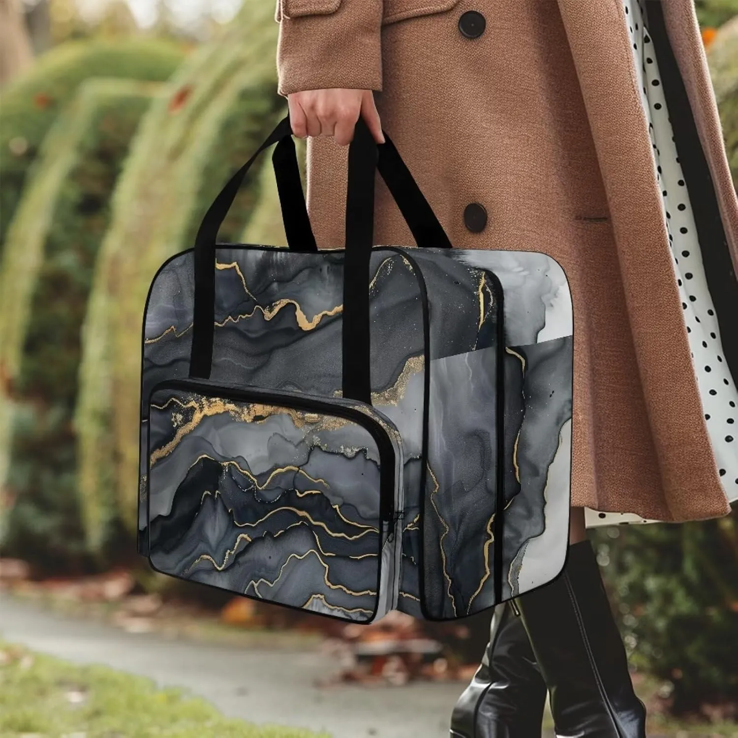 Black Marble Sewing Machine Tote Bag Protector Travel Bag Organizer with Compartments and Pockets, Sewing Box Storage Bag Fits for Most Standard Sewing Machines (Bag Only)