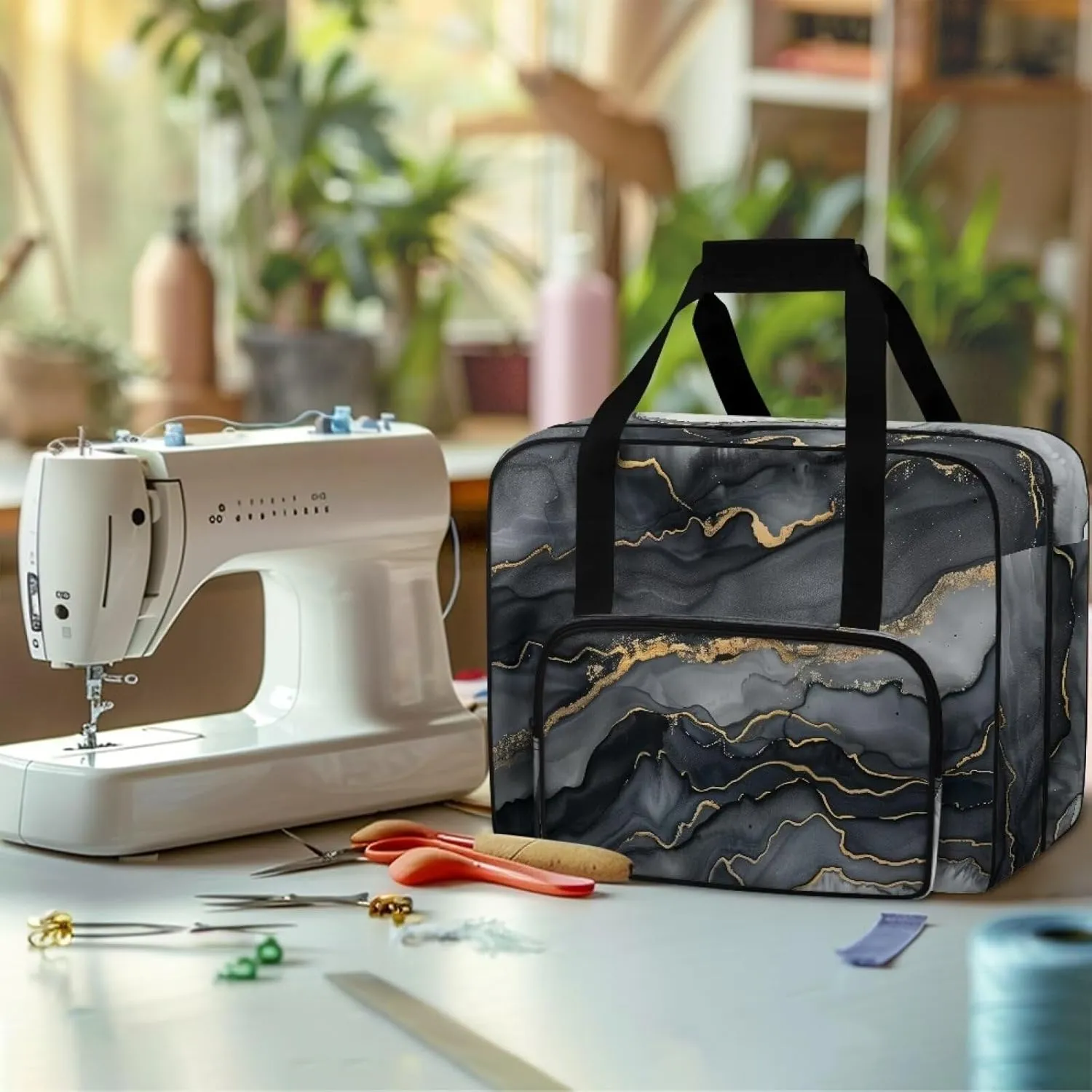 Black Marble Sewing Machine Tote Bag Protector Travel Bag Organizer with Compartments and Pockets, Sewing Box Storage Bag Fits for Most Standard Sewing Machines (Bag Only)