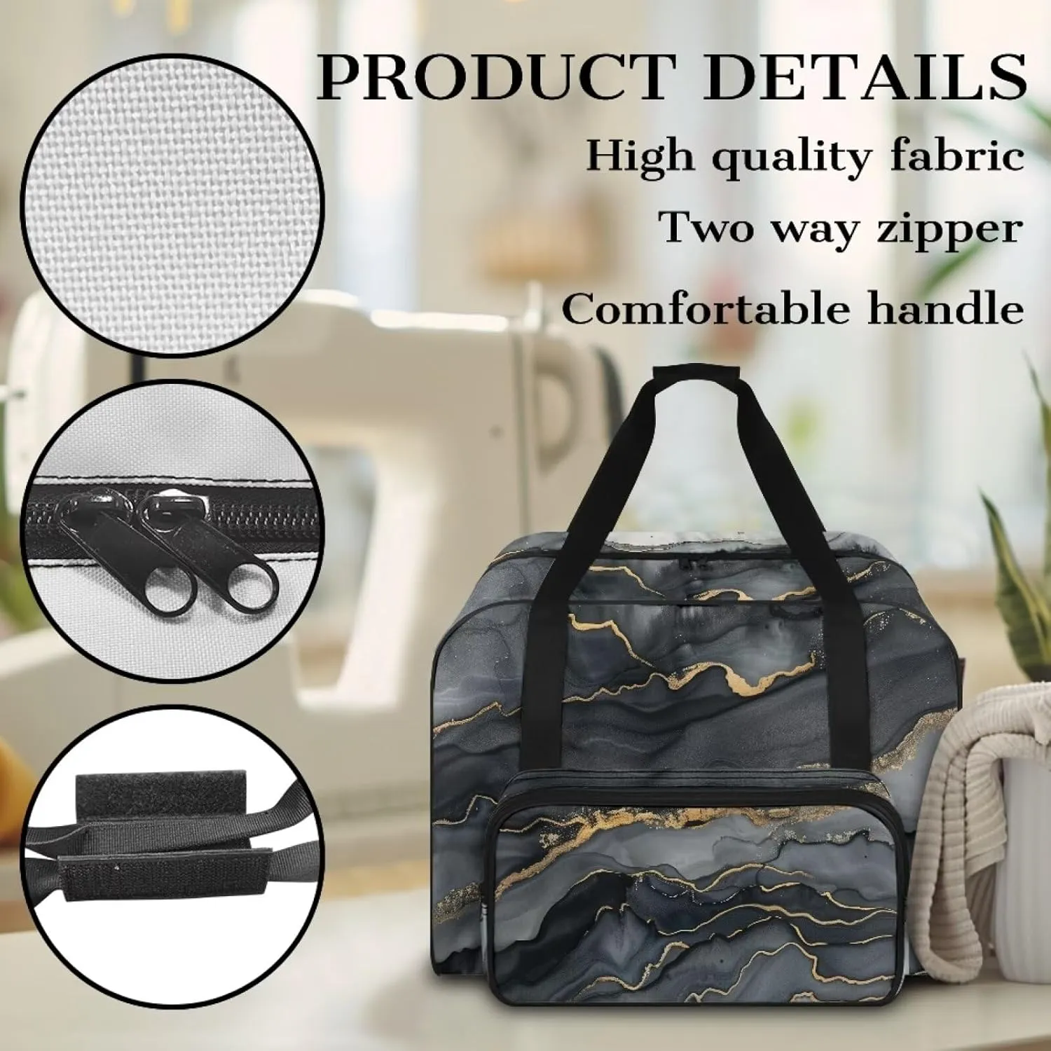 Black Marble Sewing Machine Tote Bag Protector Travel Bag Organizer with Compartments and Pockets, Sewing Box Storage Bag Fits for Most Standard Sewing Machines (Bag Only)