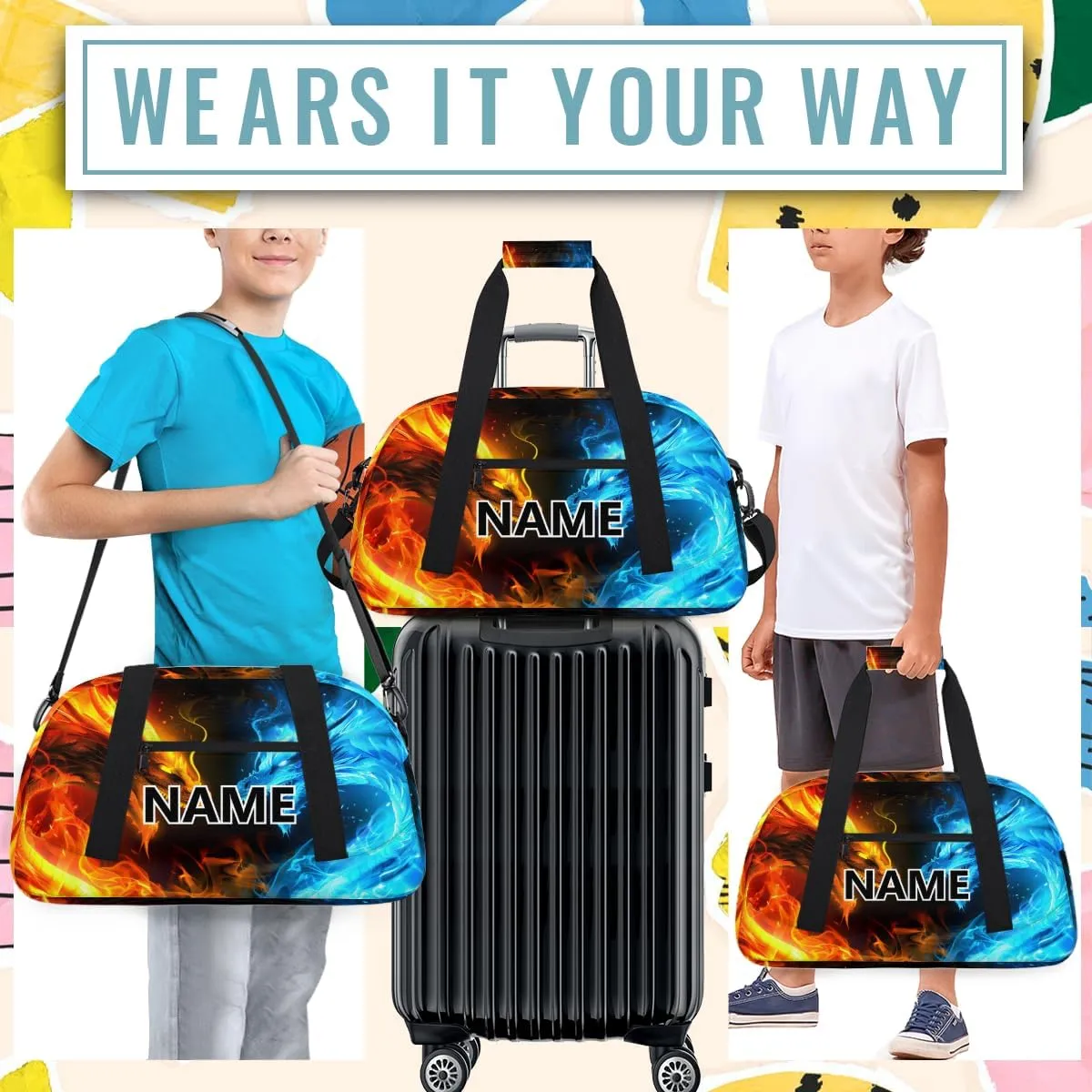 Blue And Red Fire Dragon Mini Gym Bag 18 inch for Women Men Waterproof Custom Dragon Travel Duffel Bag Carry On Overnight Tote Nurse Bag for Work Fitness Hiking