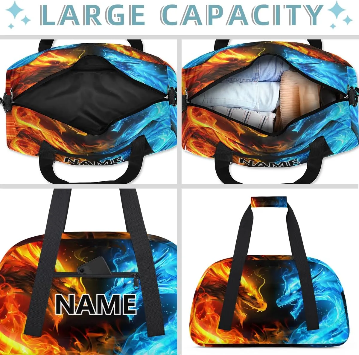 Blue And Red Fire Dragon Mini Gym Bag 18 inch for Women Men Waterproof Custom Dragon Travel Duffel Bag Carry On Overnight Tote Nurse Bag for Work Fitness Hiking
