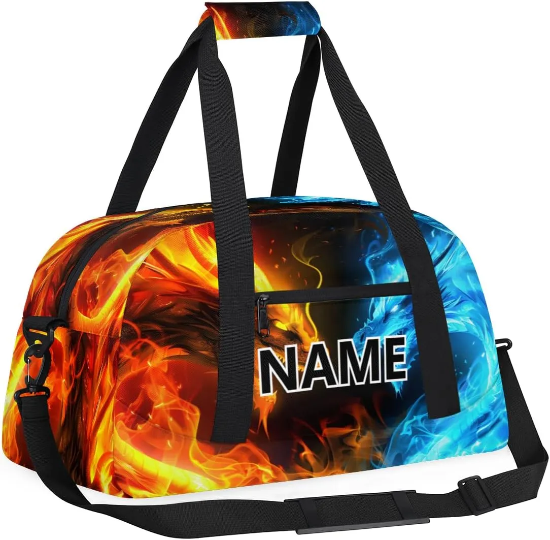 Blue And Red Fire Dragon Mini Gym Bag 18 inch for Women Men Waterproof Custom Dragon Travel Duffel Bag Carry On Overnight Tote Nurse Bag for Work Fitness Hiking