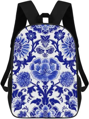 Blue and White Porcelain Funny Travel Backpack 17 Inch Casual Daypack Large Capacity Shoulder Bag for Men Women