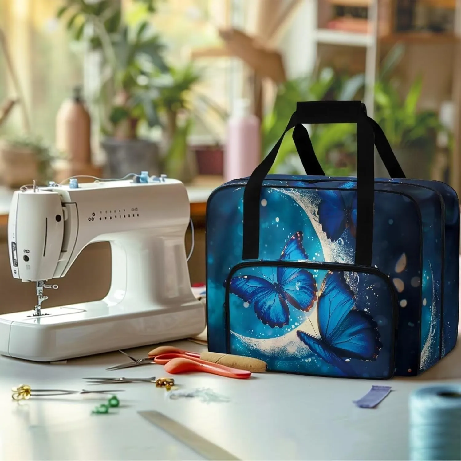 Blue Butterfly Moon Sewing Machine Carrying Case, Universal Tote Travel Bag Compatible with Most Standard Machines