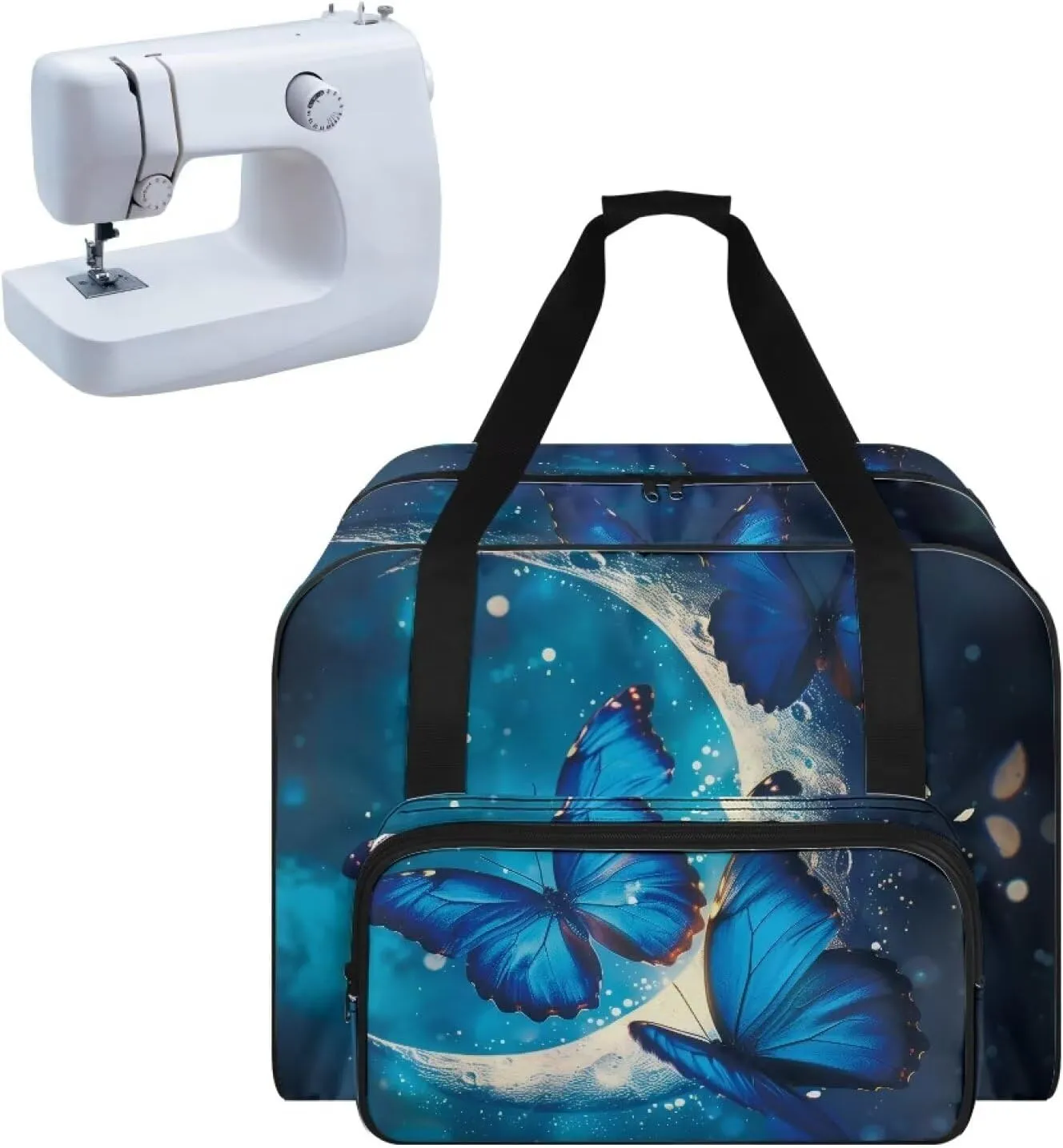 Blue Butterfly Moon Sewing Machine Carrying Case, Universal Tote Travel Bag Compatible with Most Standard Machines