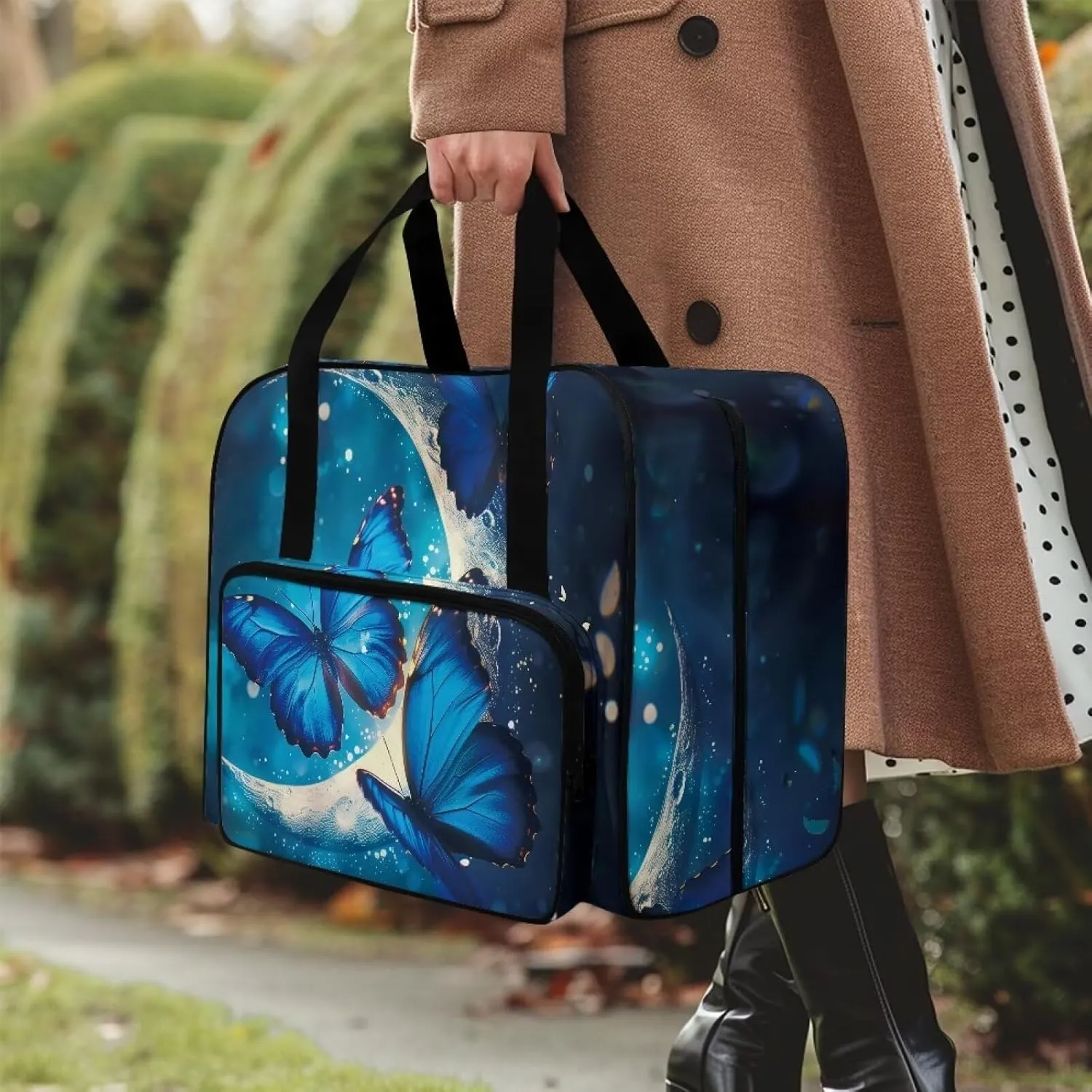 Blue Butterfly Moon Sewing Machine Carrying Case, Universal Tote Travel Bag Compatible with Most Standard Machines