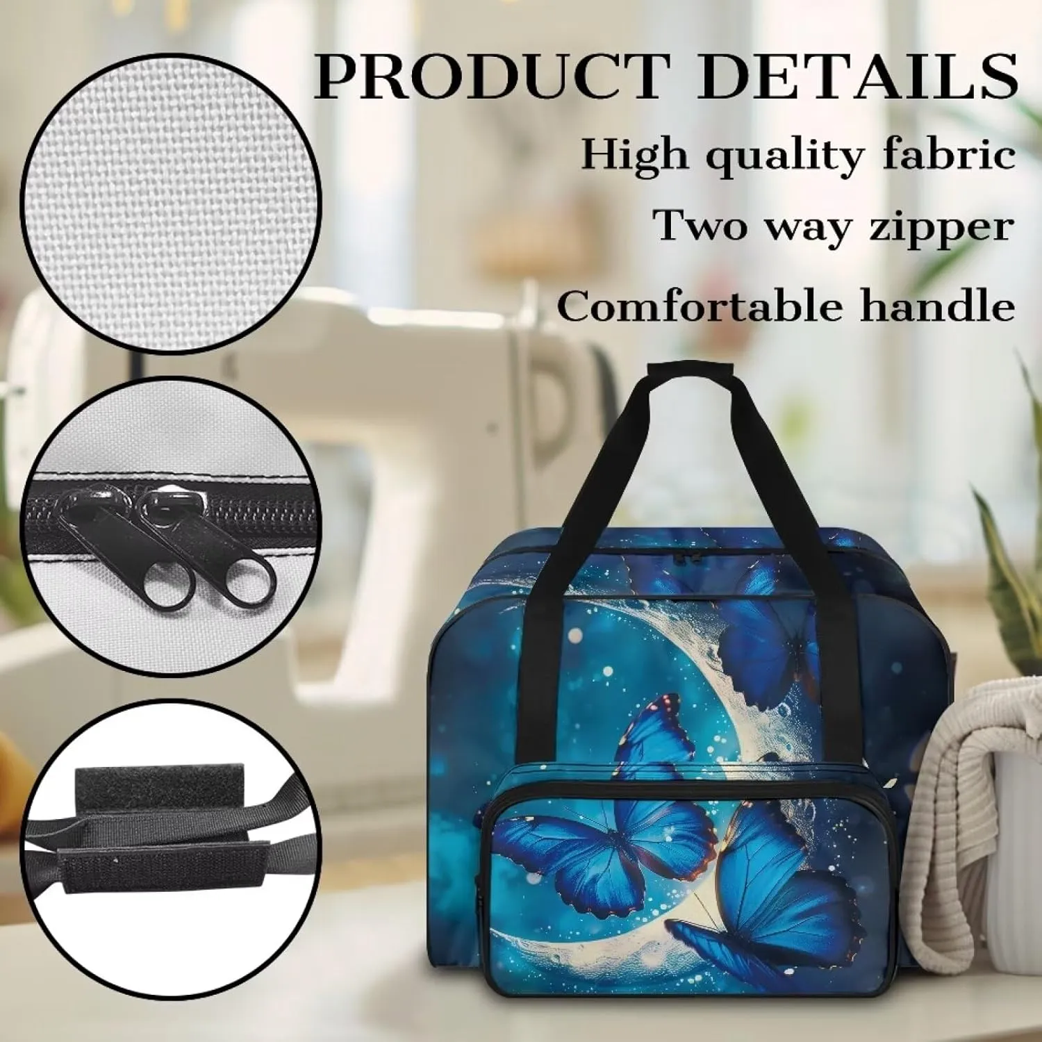 Blue Butterfly Moon Sewing Machine Carrying Case, Universal Tote Travel Bag Compatible with Most Standard Machines