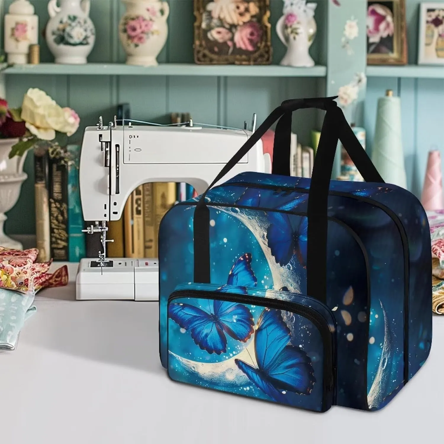 Blue Butterfly Moon Sewing Machine Carrying Case, Universal Tote Travel Bag Compatible with Most Standard Machines