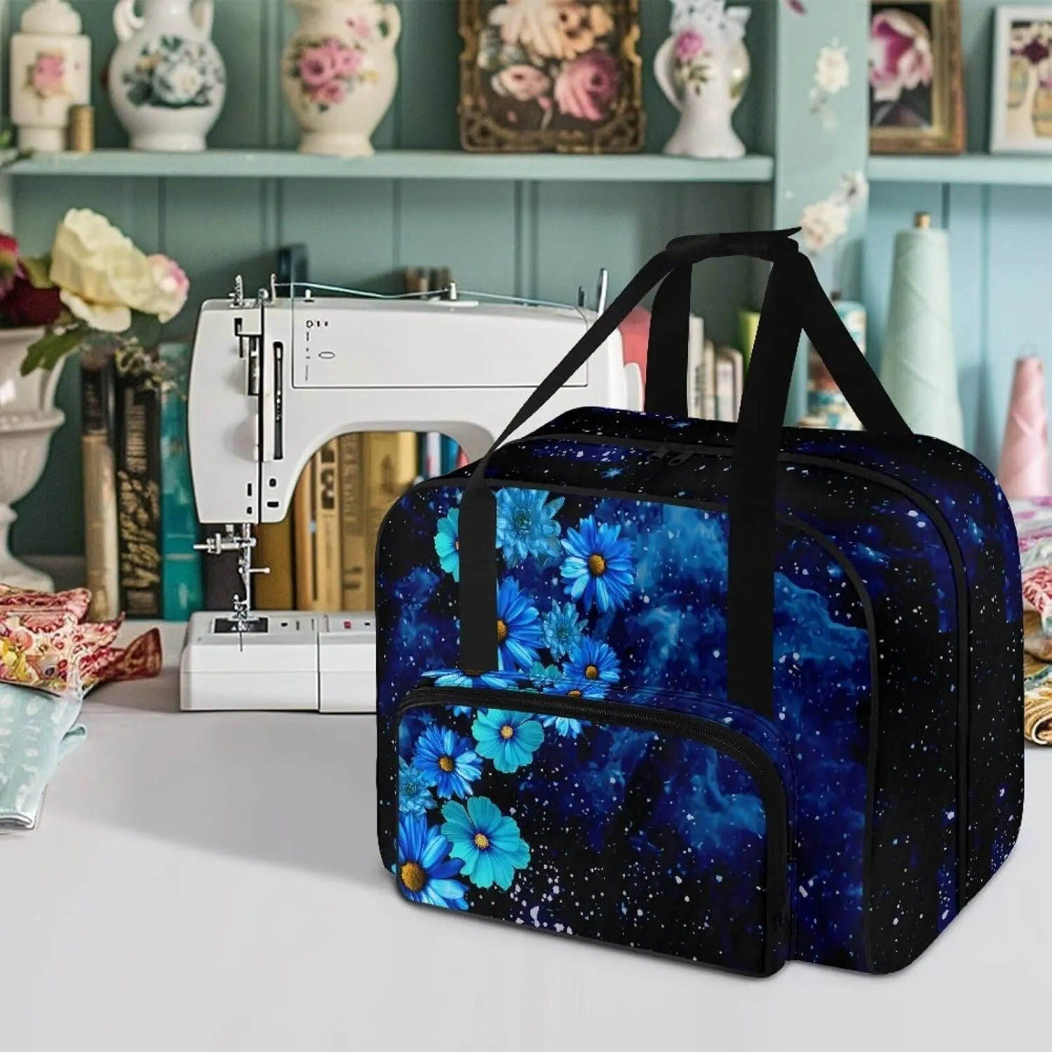 Blue Daisy Sewing Machine Case Heavy Padded Tote Bag Portable Sewing Machine Handbag Dust Proof Compatible with Most Standard Sewing Machines