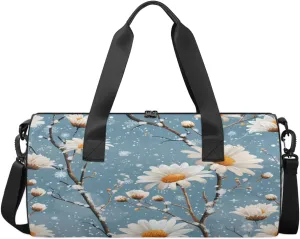 Blue Daisy Snow Scene Sports Duffel Bag with Shoulder Strap, Large Capacity Gym Bag with Shoe Compartment, Water Resistant Travel Duffle Bag for Men Women Travel, Sports (17.6x9x9 Inch)
