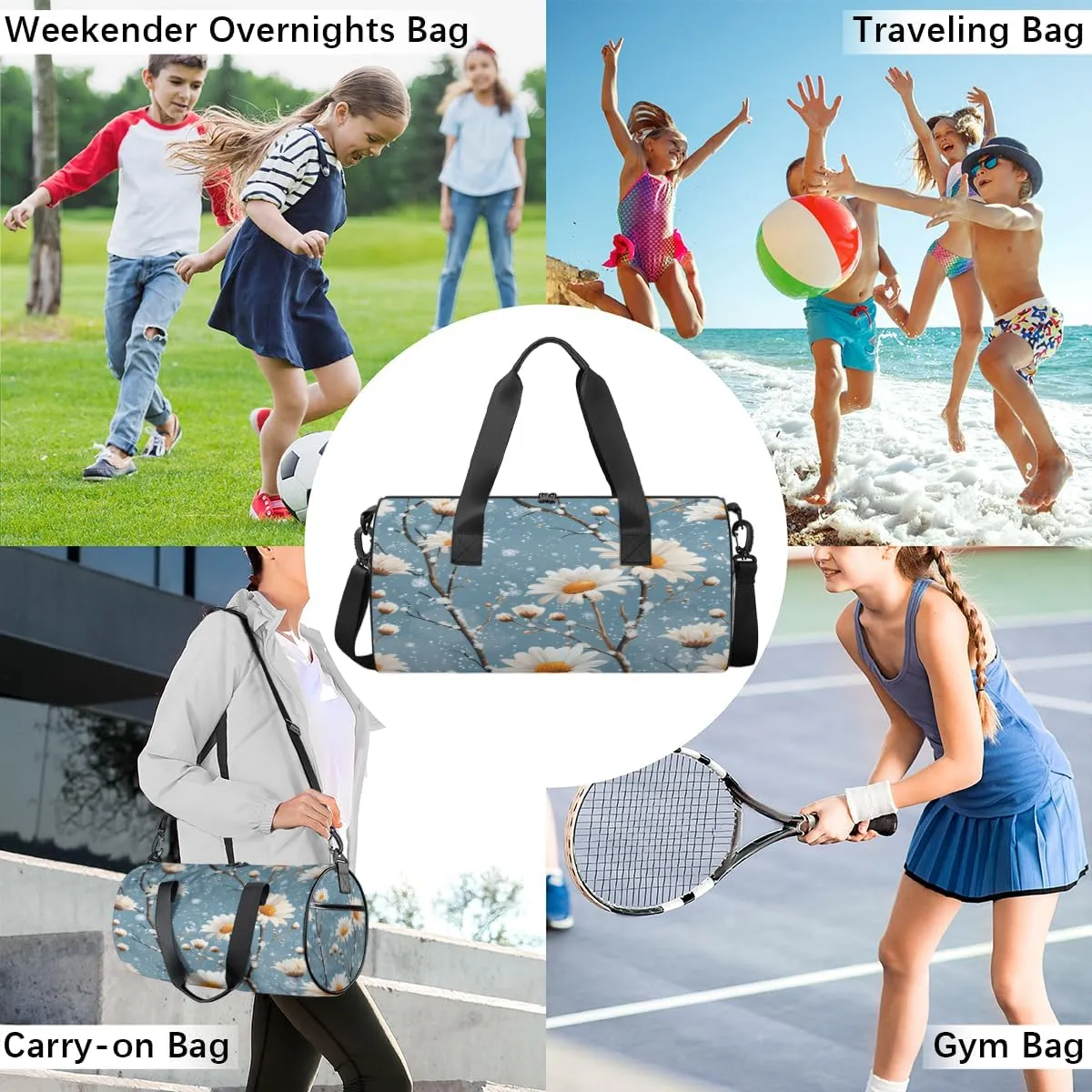 Blue Daisy Snow Scene Sports Duffel Bag with Shoulder Strap, Large Capacity Gym Bag with Shoe Compartment, Water Resistant Travel Duffle Bag for Men Women Travel, Sports (17.6x9x9 Inch)