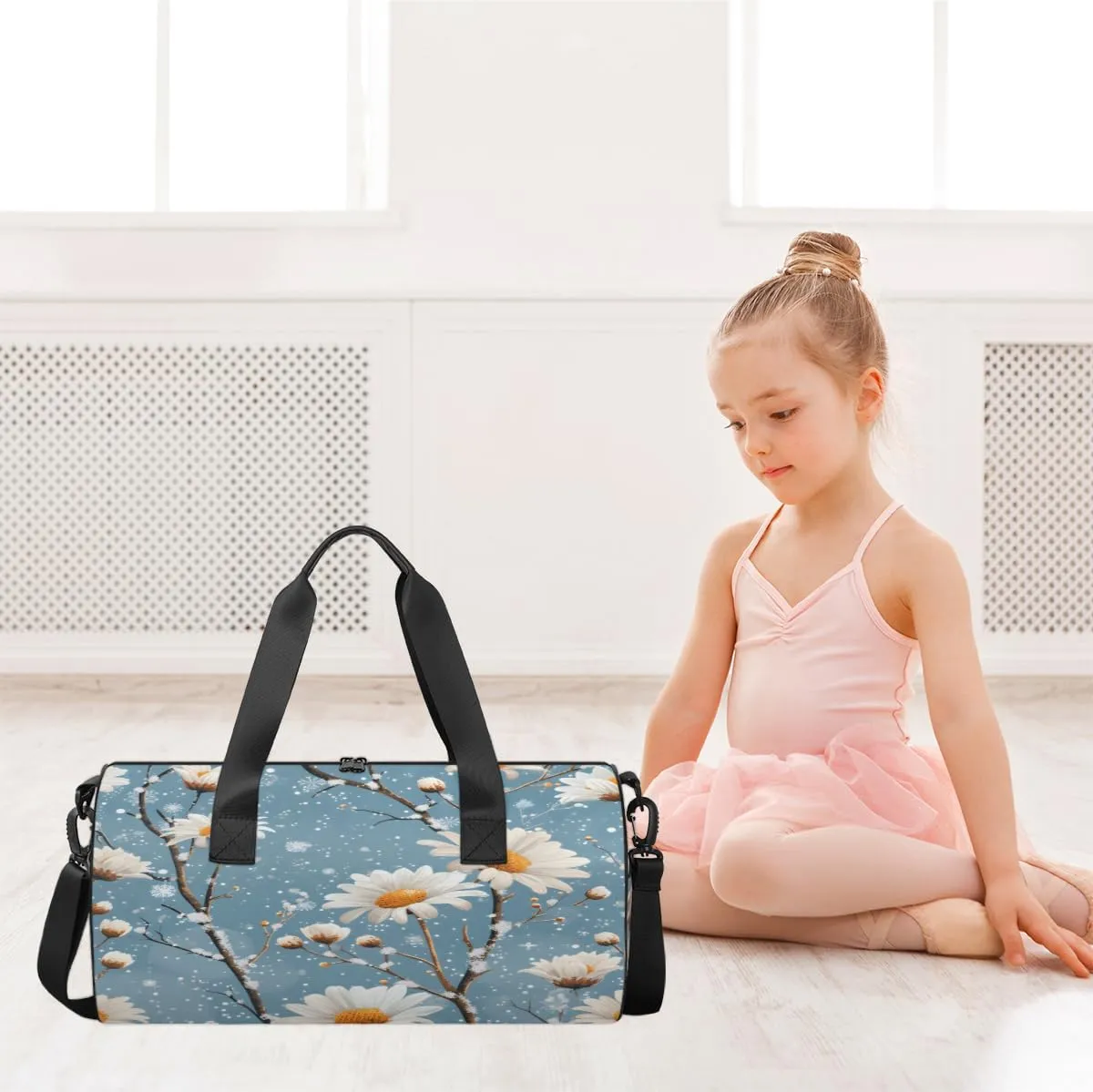 Blue Daisy Snow Scene Sports Duffel Bag with Shoulder Strap, Large Capacity Gym Bag with Shoe Compartment, Water Resistant Travel Duffle Bag for Men Women Travel, Sports (17.6x9x9 Inch)
