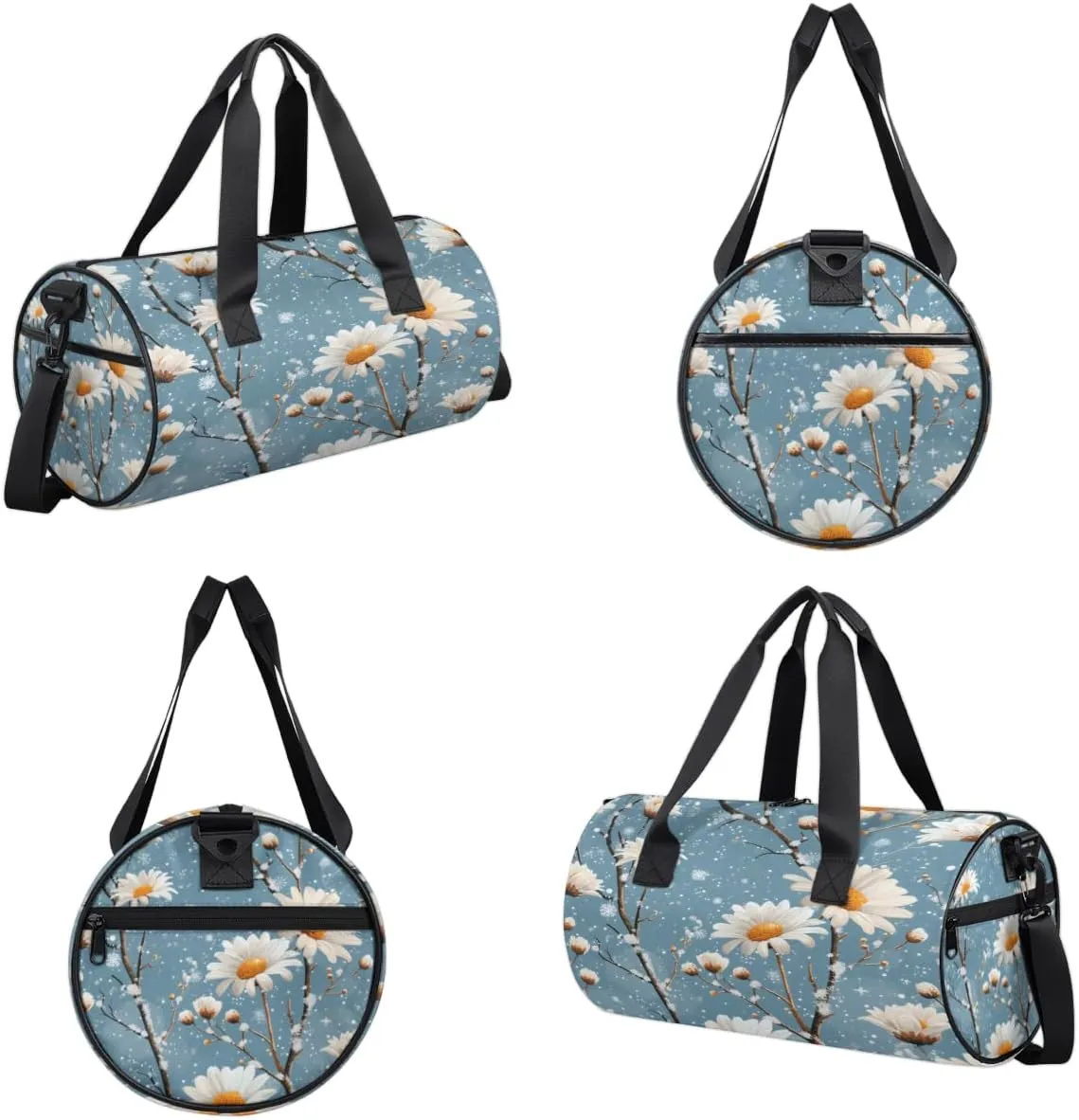 Blue Daisy Snow Scene Sports Duffel Bag with Shoulder Strap, Large Capacity Gym Bag with Shoe Compartment, Water Resistant Travel Duffle Bag for Men Women Travel, Sports (17.6x9x9 Inch)