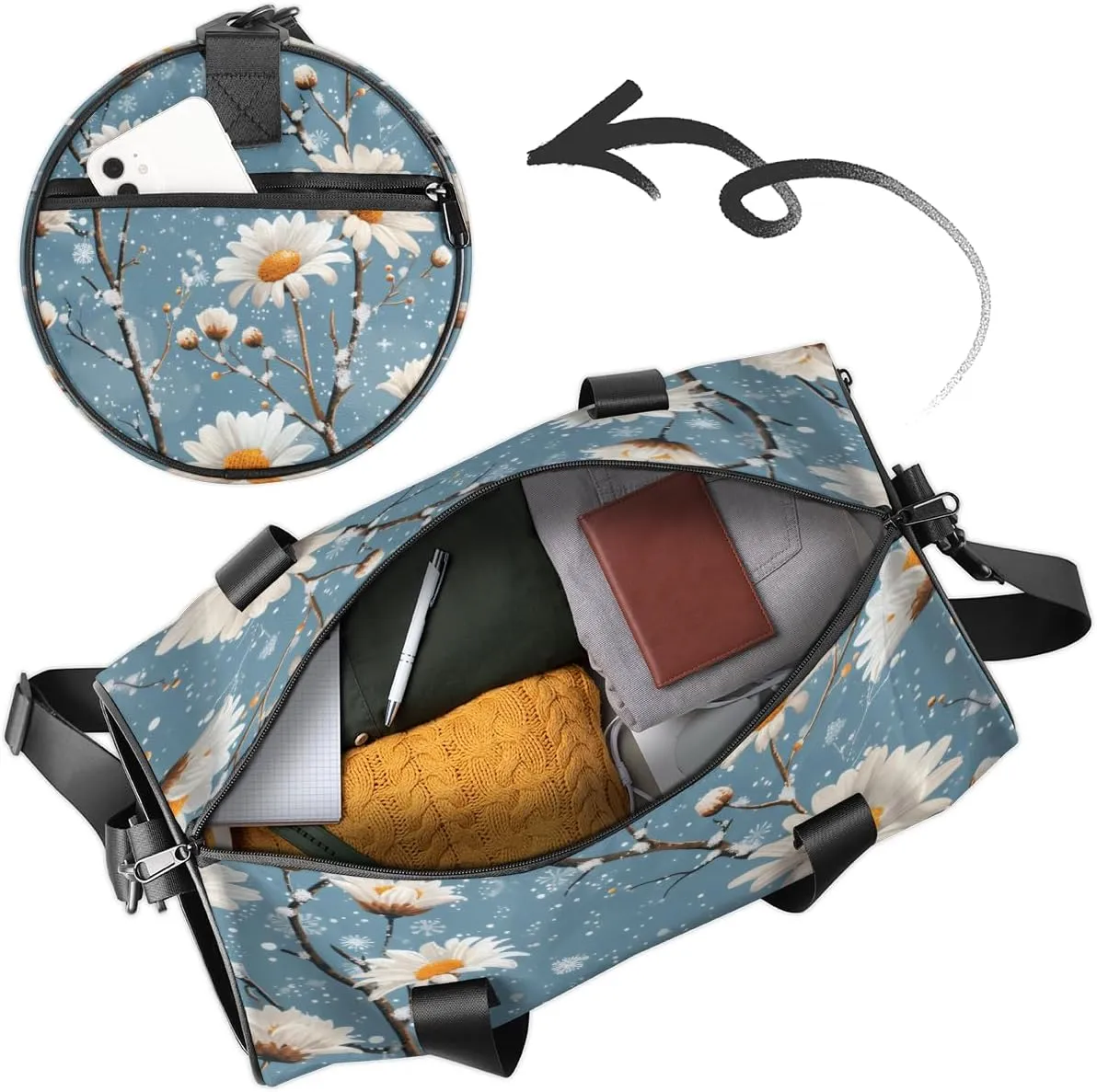 Blue Daisy Snow Scene Sports Duffel Bag with Shoulder Strap, Large Capacity Gym Bag with Shoe Compartment, Water Resistant Travel Duffle Bag for Men Women Travel, Sports (17.6x9x9 Inch)