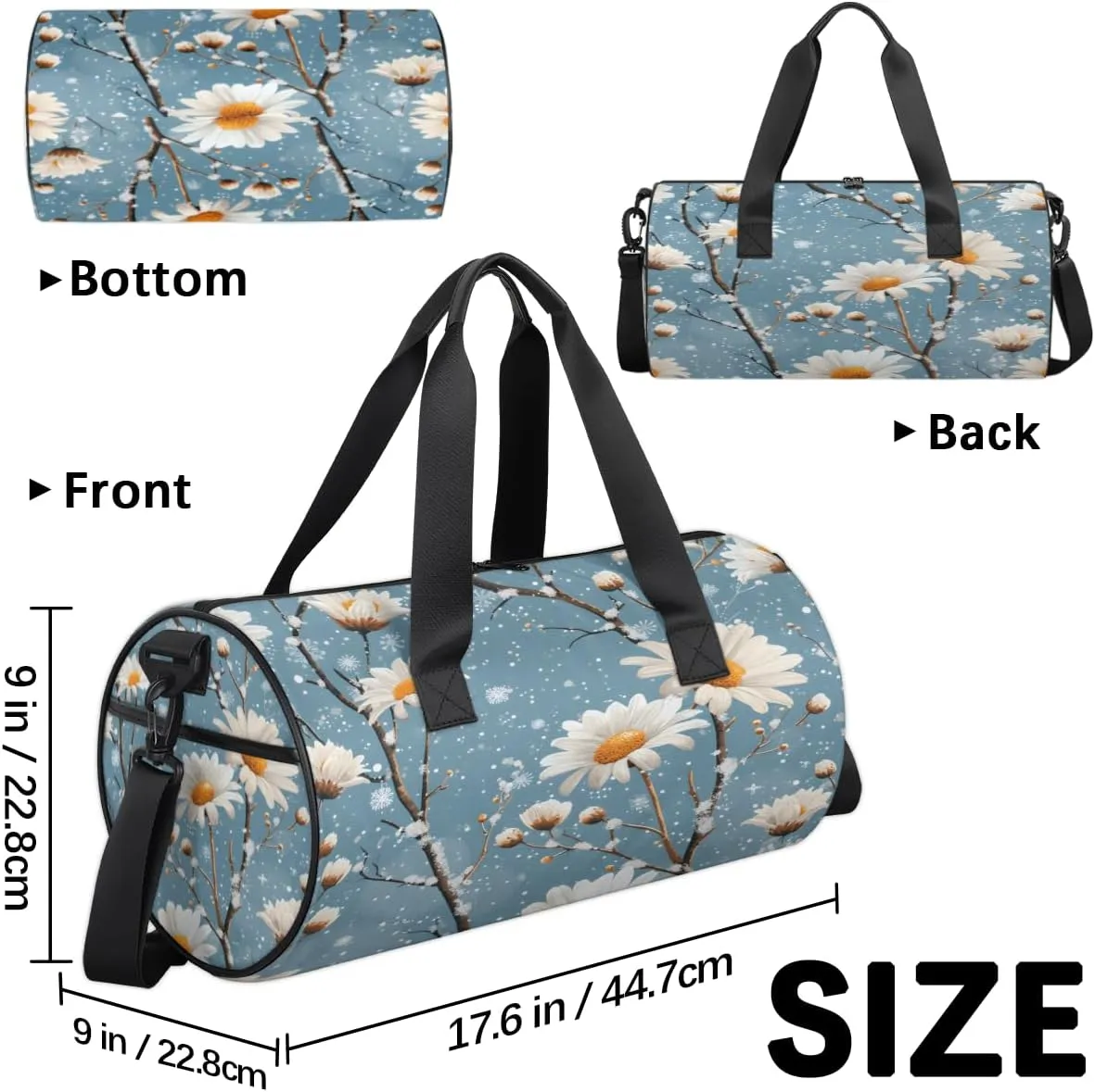Blue Daisy Snow Scene Sports Duffel Bag with Shoulder Strap, Large Capacity Gym Bag with Shoe Compartment, Water Resistant Travel Duffle Bag for Men Women Travel, Sports (17.6x9x9 Inch)