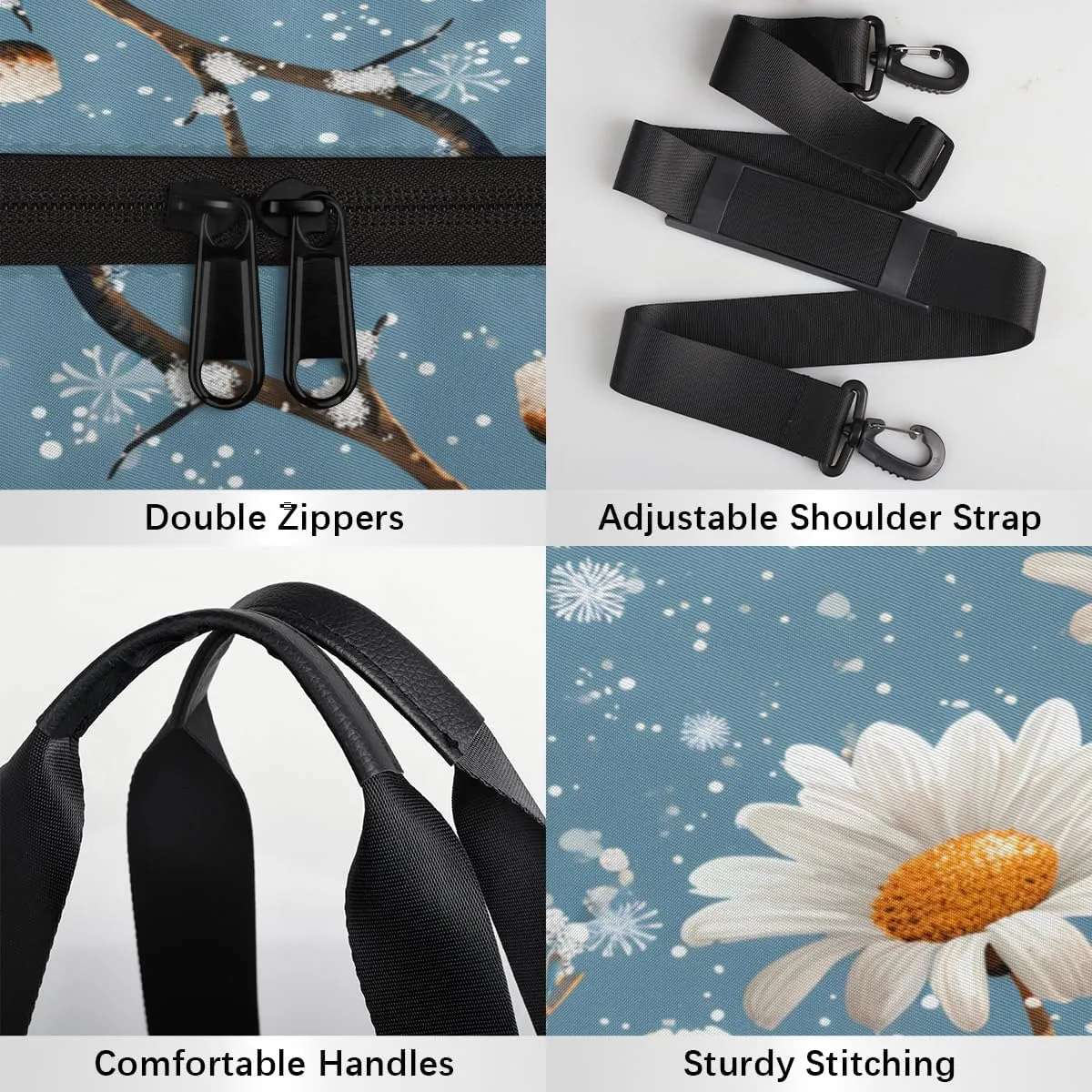 Blue Daisy Snow Scene Sports Duffel Bag with Shoulder Strap, Large Capacity Gym Bag with Shoe Compartment, Water Resistant Travel Duffle Bag for Men Women Travel, Sports (17.6x9x9 Inch)