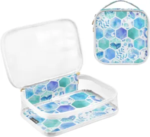 Blue Watercolor Hexagonal Tiles Clear Travel Bag 2 Pcs Small Toiletry Bag Carry On Pouch for Traveling