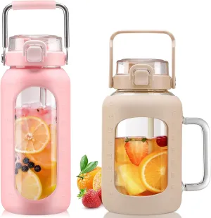 BLUEGO 64oz and 64oz Glass Water Bottles Bundle(64 Pink   64 Amber) with Straw and Lids Handle Large Water Bottle with Sleeve, Half Gallon Water Jug, Glass Water Container, BPA Free