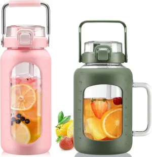 BLUEGO 64oz and 64oz Glass Water Bottles Bundle(64 Pink   64 Olive) with Straw and Lids Handle Large Water Bottle with Sleeve, Half Gallon Water Jug, Glass Water Container, BPA Free