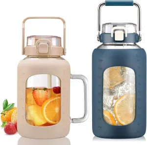 BLUEGO 64oz and 84oz Glass Water Bottles Bundle(64 Amber   84 DBlue) with Straw and Lids Handle Large Water Tumbler with Sleeve, Glass Water Container, 2 Liter Water Jug Glass, BPA Free