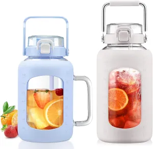 BLUEGO 64oz and 84oz Glass Water Bottles Bundle(64 Blue   84 White) with Straw and Lids Handle Large Water Tumbler with Sleeve, Glass Water Container, 2 Liter Water Jug Glass, BPA Free