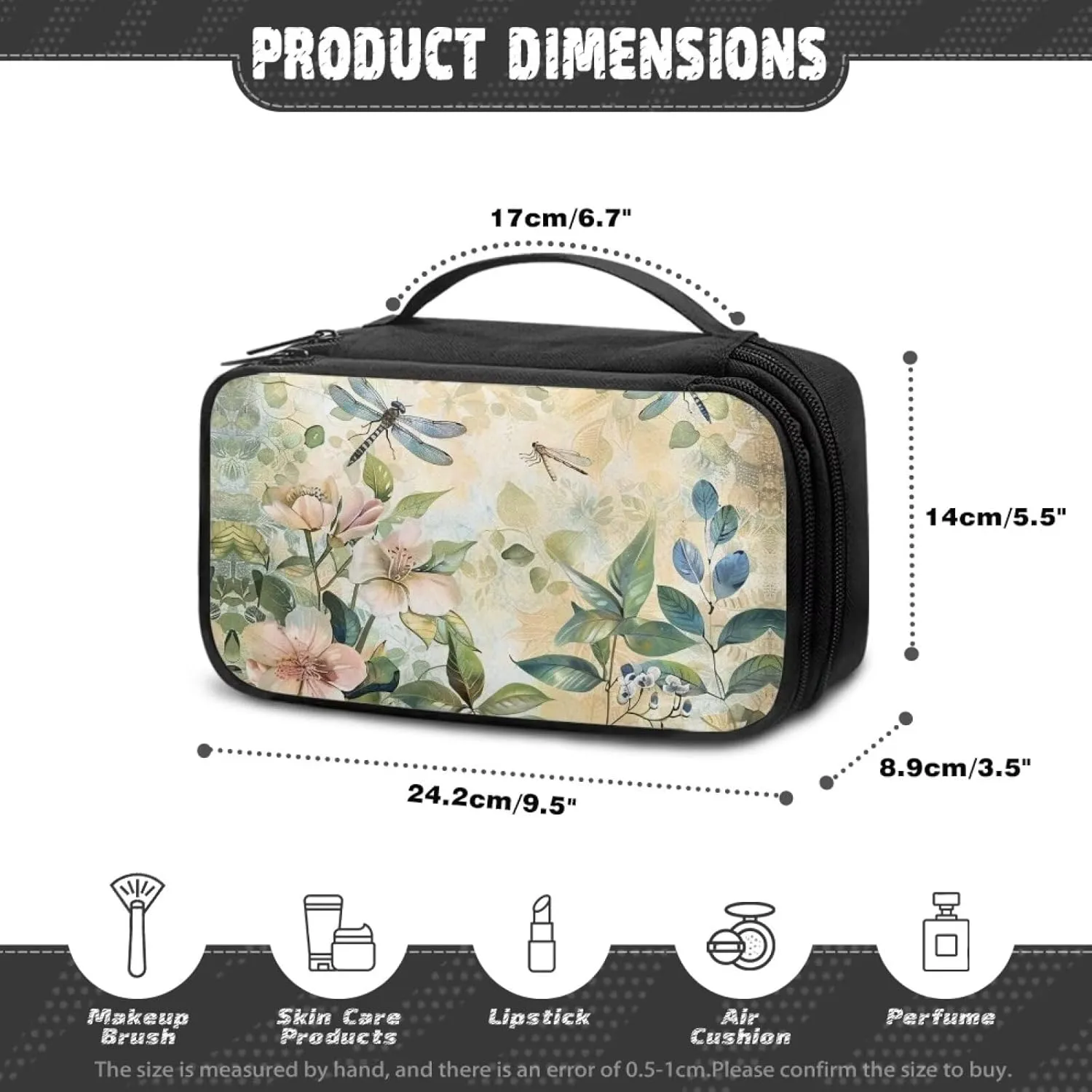 Boho Dragonfly Make Up Bag Large Capacity Travel Makeup Bags Easy to Hold Portable Storage Bag Double Zippers Carrying Case Divider and Handle for Cosmetics Brushes Tools