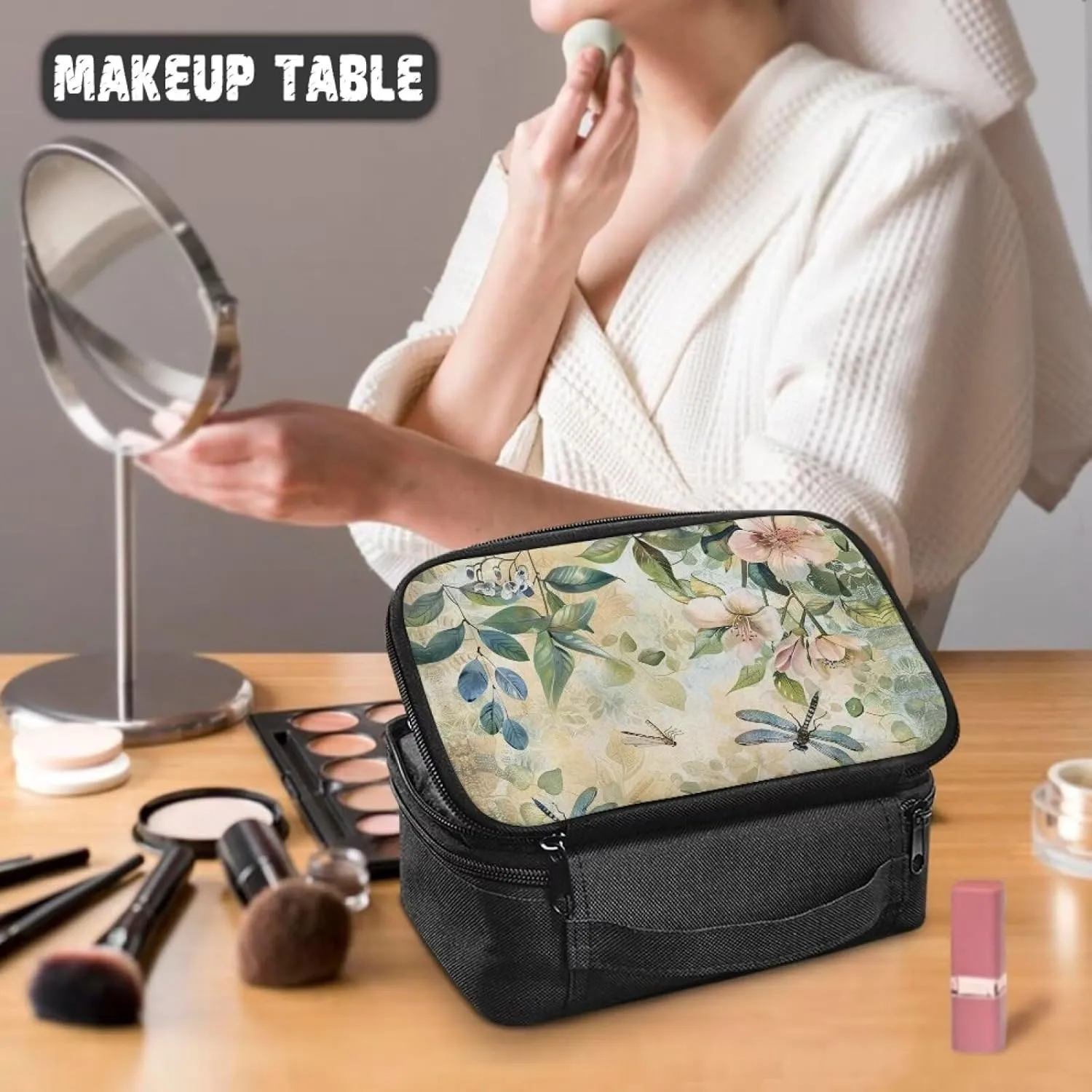 Boho Dragonfly Make Up Bag Large Capacity Travel Makeup Bags Easy to Hold Portable Storage Bag Double Zippers Carrying Case Divider and Handle for Cosmetics Brushes Tools