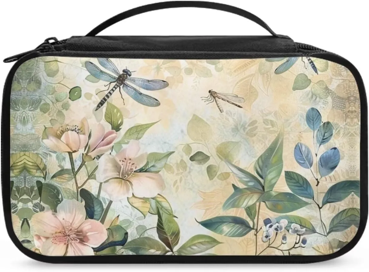 Boho Dragonfly Make Up Bag Large Capacity Travel Makeup Bags Easy to Hold Portable Storage Bag Double Zippers Carrying Case Divider and Handle for Cosmetics Brushes Tools