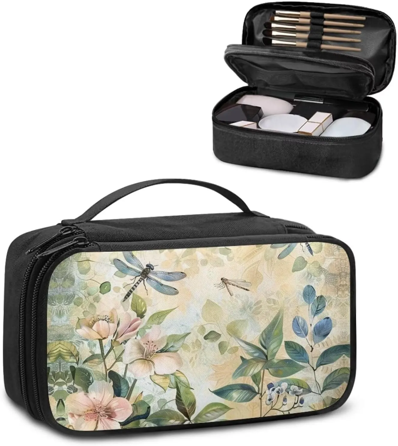 Boho Dragonfly Make Up Bag Large Capacity Travel Makeup Bags Easy to Hold Portable Storage Bag Double Zippers Carrying Case Divider and Handle for Cosmetics Brushes Tools