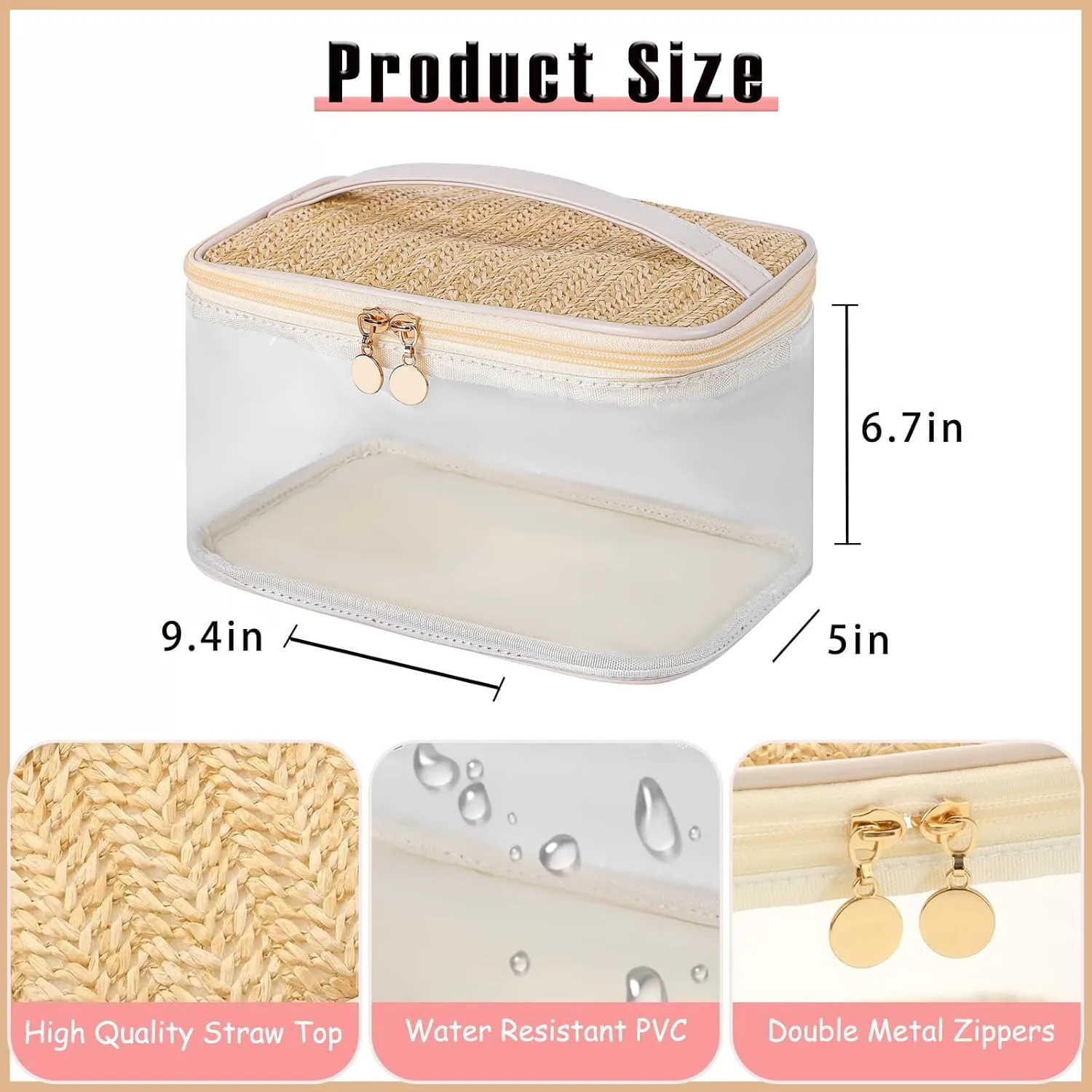 Boho Large Clear PVC Waterproof Makeup Bag with handle, Transparent Zipper Cosmetic Bag for Travel, Beach Bag for Sun screen Skincare (01Large size-Beige)
