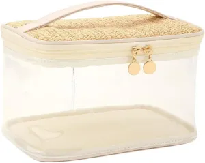 Boho Large Clear PVC Waterproof Makeup Bag with handle, Transparent Zipper Cosmetic Bag for Travel, Beach Bag for Sun screen Skincare (01Large size-Beige)
