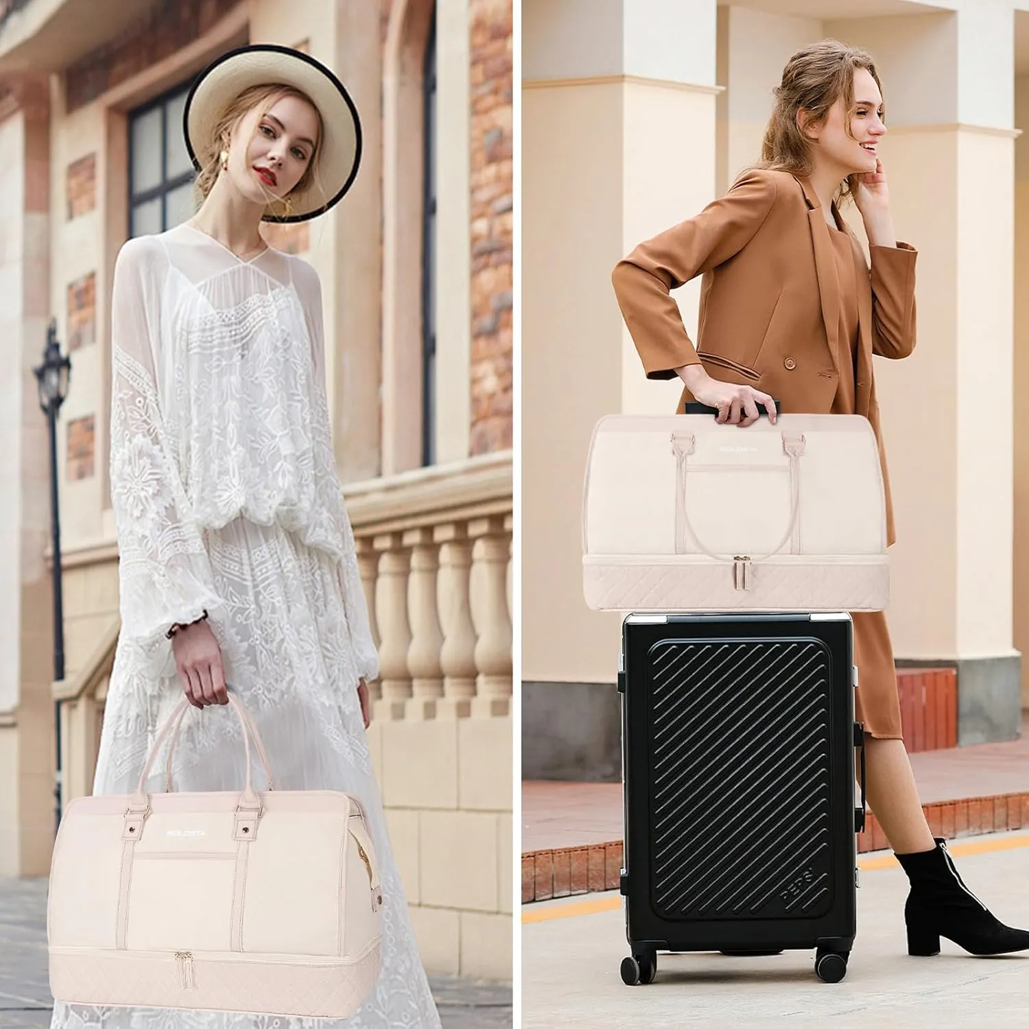 BOLOSTA Large Weekender Bags for Women with Shoe Compartment & Wet Pocket, Carry on Overnight Bags with Toiletry Bag, Personal Item Travel Duffle Tote Bag for Travel, Gym, Business, Beige