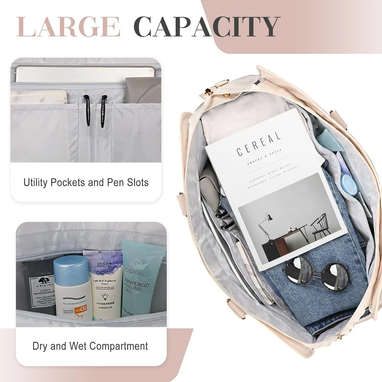 BOLOSTA Large Weekender Bags for Women with Shoe Compartment & Wet Pocket, Carry on Overnight Bags with Toiletry Bag, Personal Item Travel Duffle Tote Bag for Travel, Gym, Business, Beige