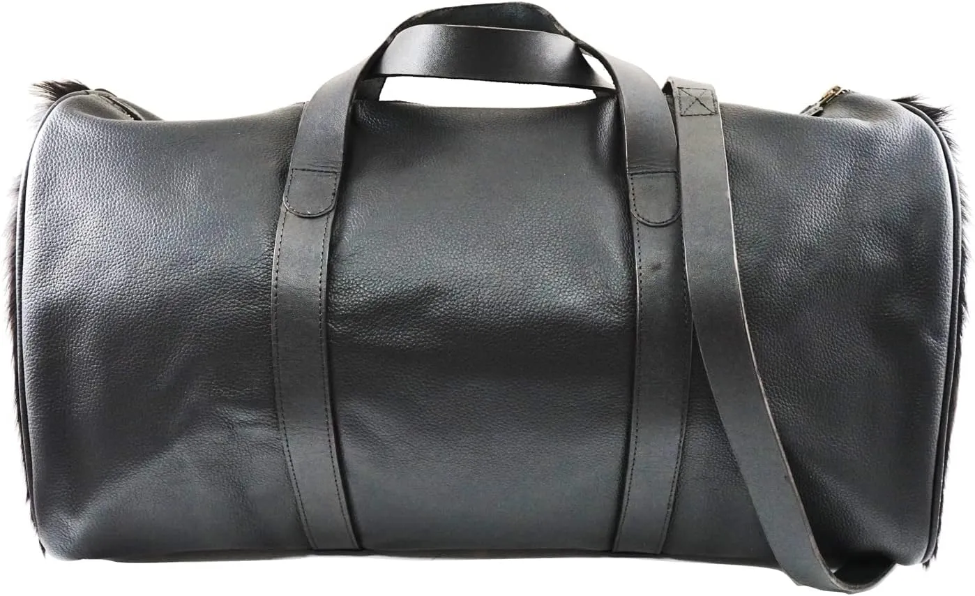 Bonanza leathers cowhide leather travel Duffle Bag weekender bag casual daily use Gym Sports Bag Airplane Luggage Carry On Bag for men and women 512 (Black)