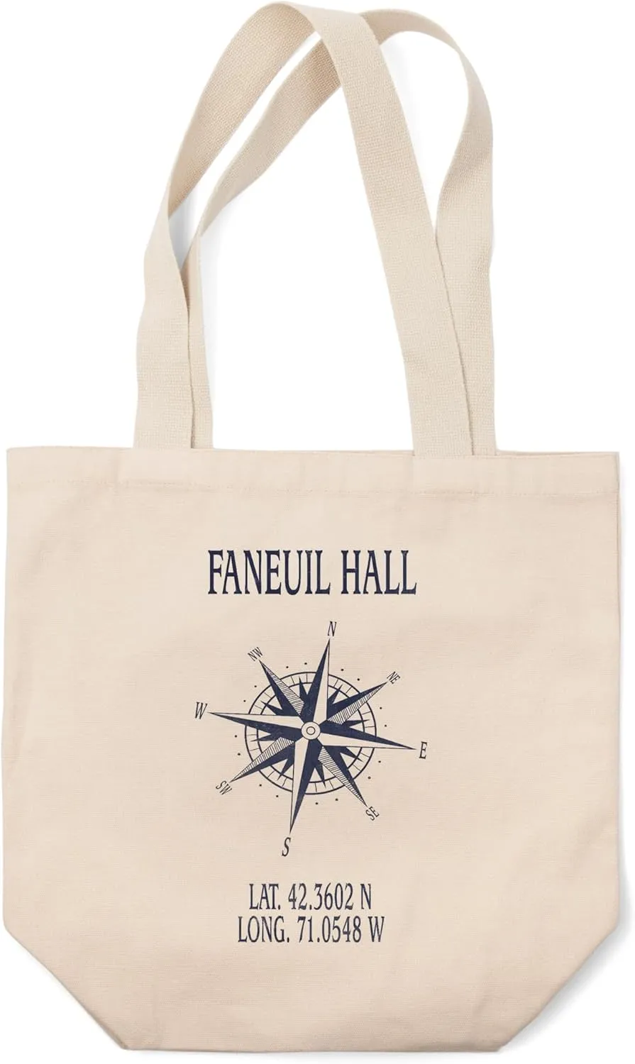 Boston, Massachusetts, Faneuil Hall, Long. and LAT., Compass Design (100% Cotton Canvas Reusable Tote Bag)