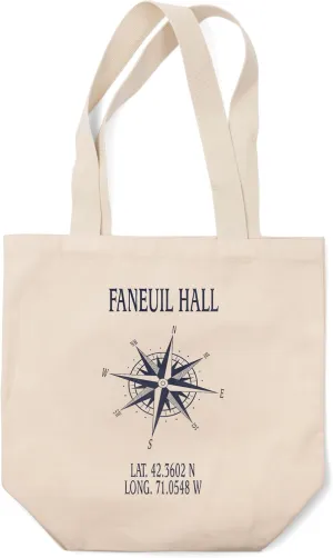Boston, Massachusetts, Faneuil Hall, Long. and LAT., Compass Design (100% Cotton Canvas Reusable Tote Bag)