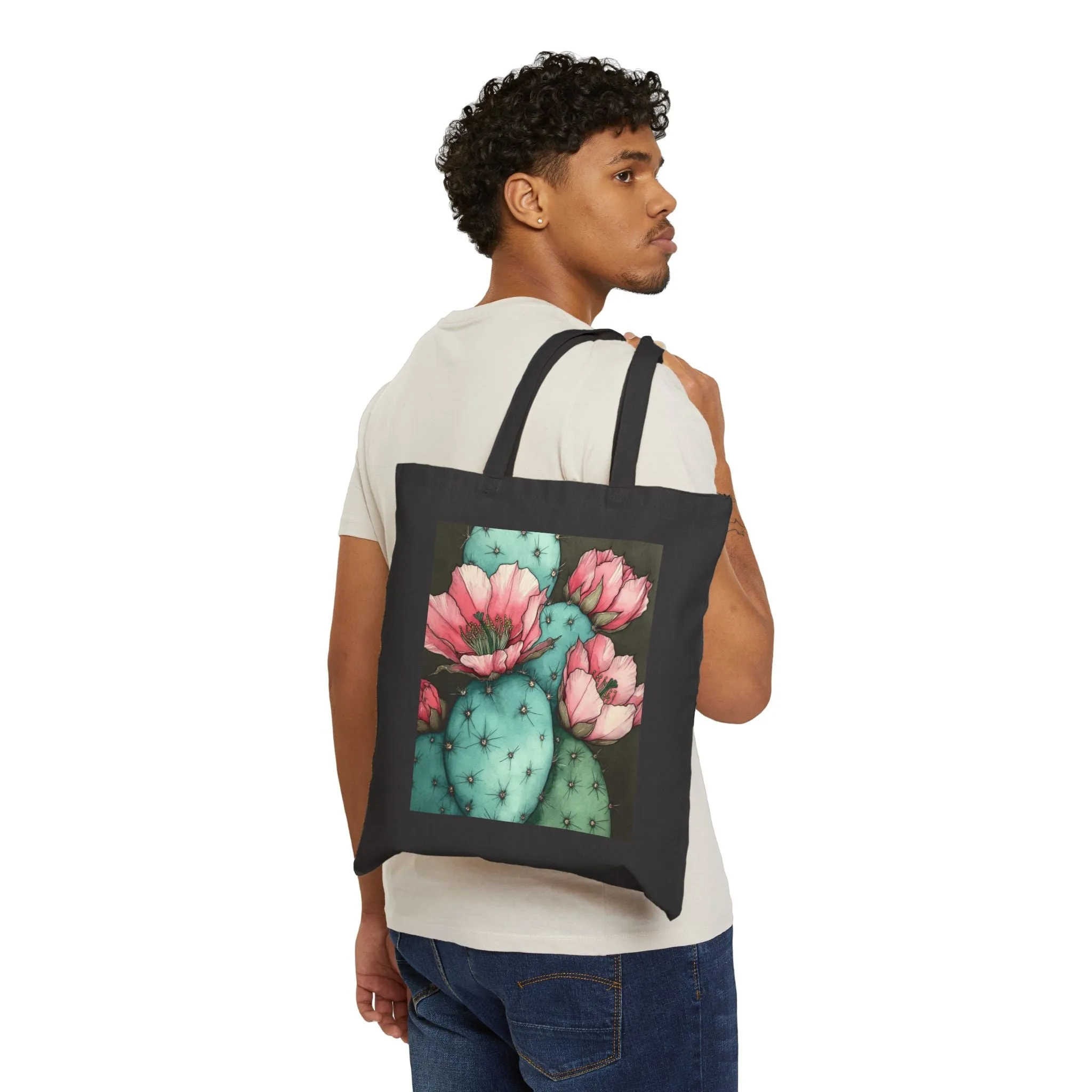Botanical Cactus Tote Bag - Eco-Friendly Cotton Canvas with Floral Design