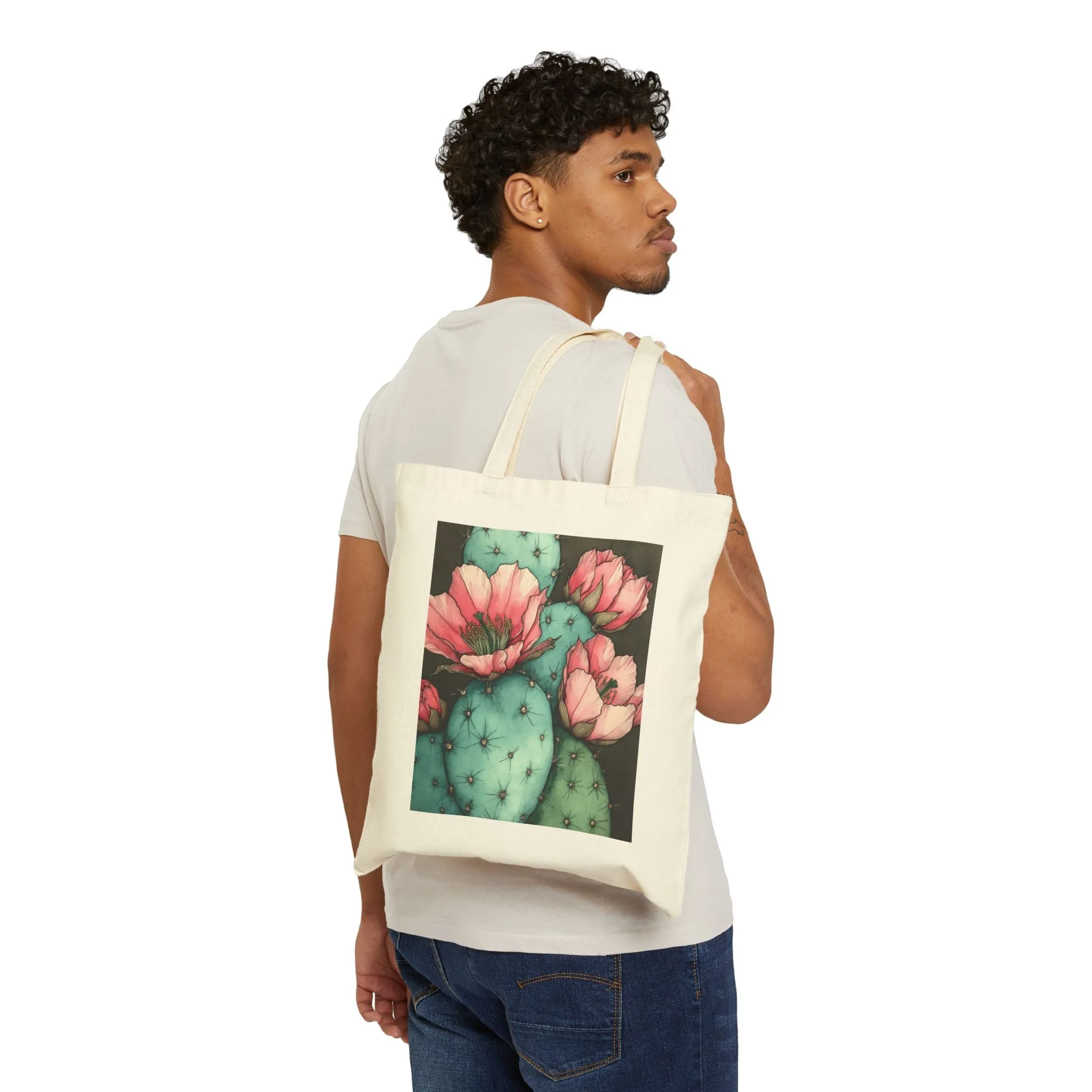 Botanical Cactus Tote Bag - Eco-Friendly Cotton Canvas with Floral Design