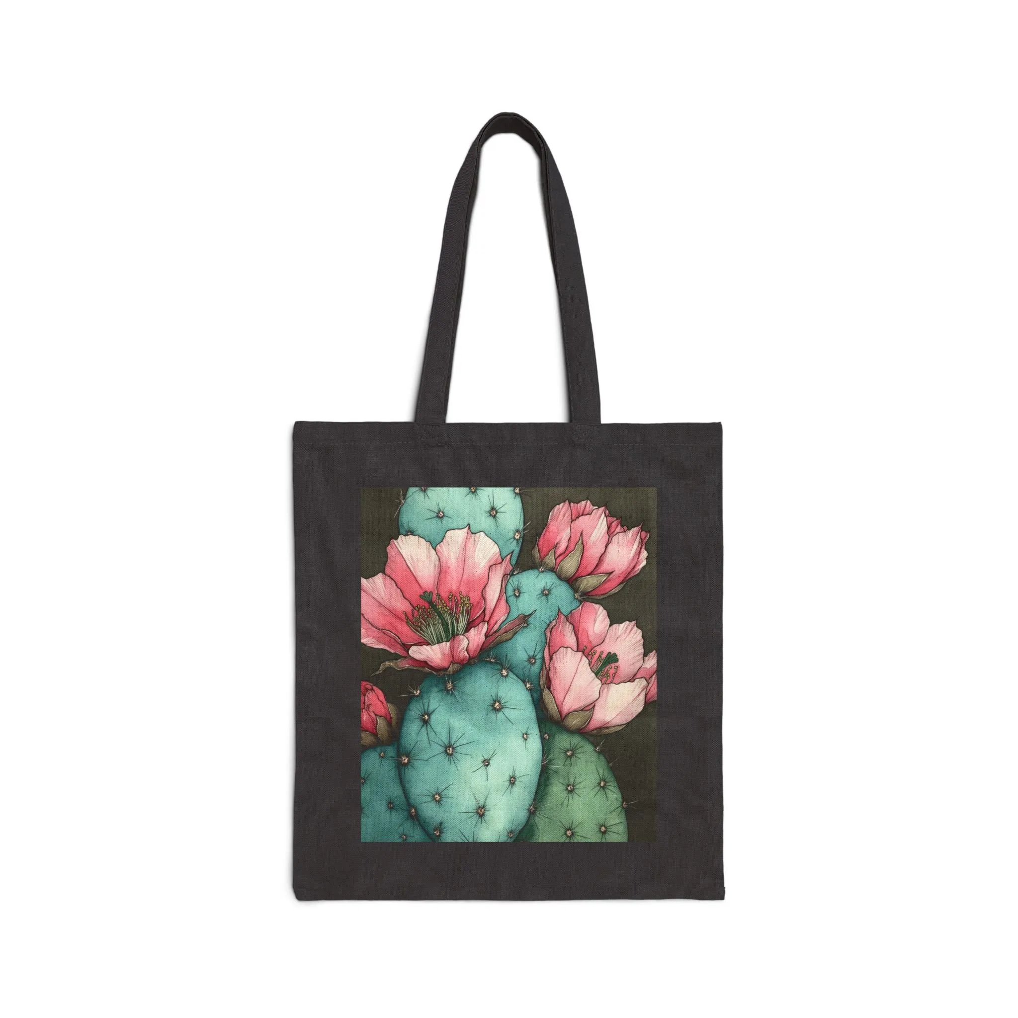 Botanical Cactus Tote Bag - Eco-Friendly Cotton Canvas with Floral Design