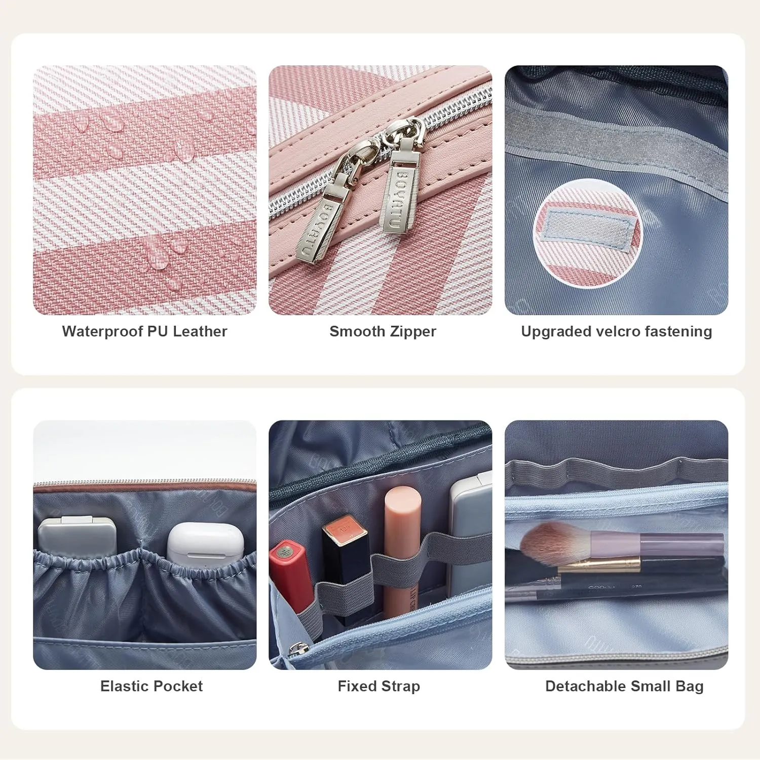 BOYATU Travel Makeup Bag for Women: Large Cosmetic Bag Set of 3 - Vegan Leather Make up Bag with Compartments - Compact Waterproof Toiletry Bag with Divider & Handle (01Pink)