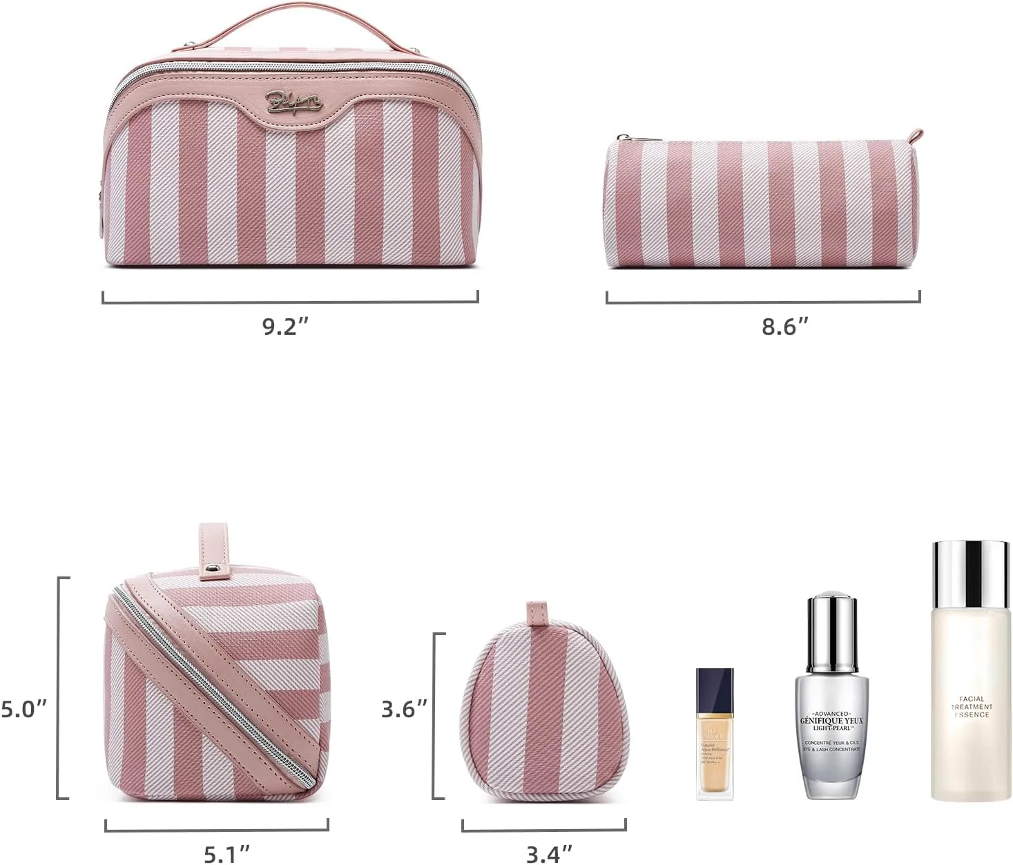BOYATU Travel Makeup Bag for Women: Large Cosmetic Bag Set of 3 - Vegan Leather Make up Bag with Compartments - Compact Waterproof Toiletry Bag with Divider & Handle (01Pink)