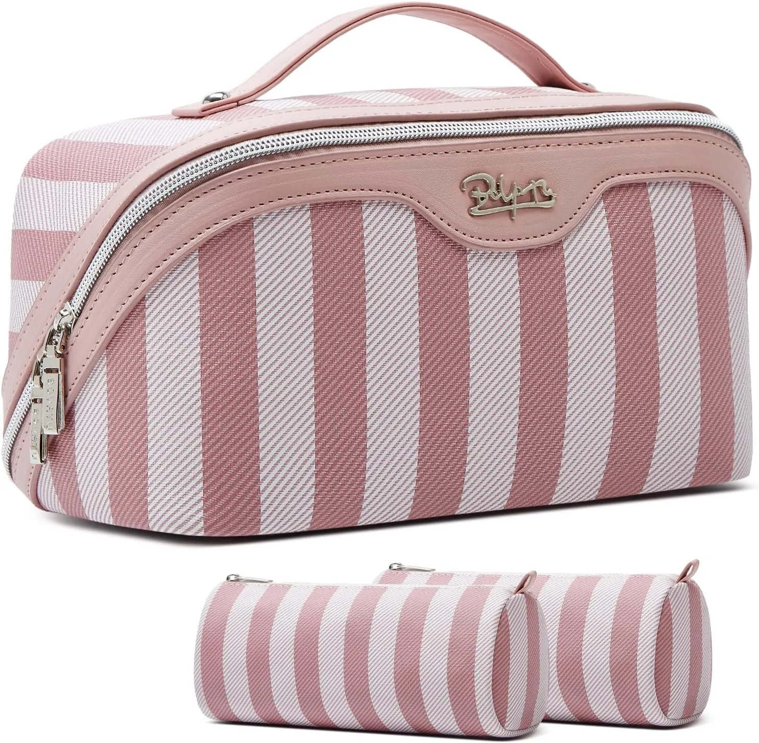BOYATU Travel Makeup Bag for Women: Large Cosmetic Bag Set of 3 - Vegan Leather Make up Bag with Compartments - Compact Waterproof Toiletry Bag with Divider & Handle (01Pink)