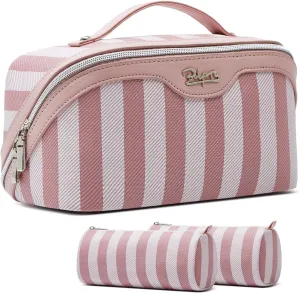BOYATU Travel Makeup Bag for Women: Large Cosmetic Bag Set of 3 - Vegan Leather Make up Bag with Compartments - Compact Waterproof Toiletry Bag with Divider & Handle (01Pink)