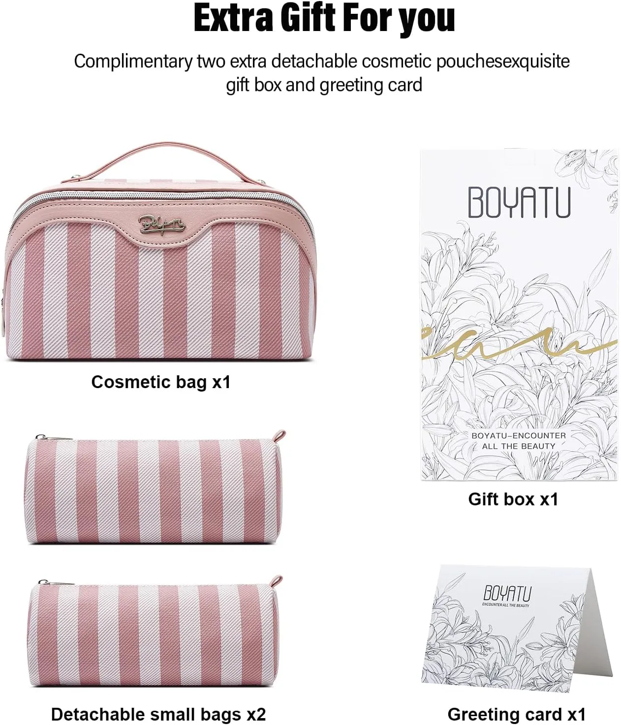 BOYATU Travel Makeup Bag for Women: Large Cosmetic Bag Set of 3 - Vegan Leather Make up Bag with Compartments - Compact Waterproof Toiletry Bag with Divider & Handle (01Pink)
