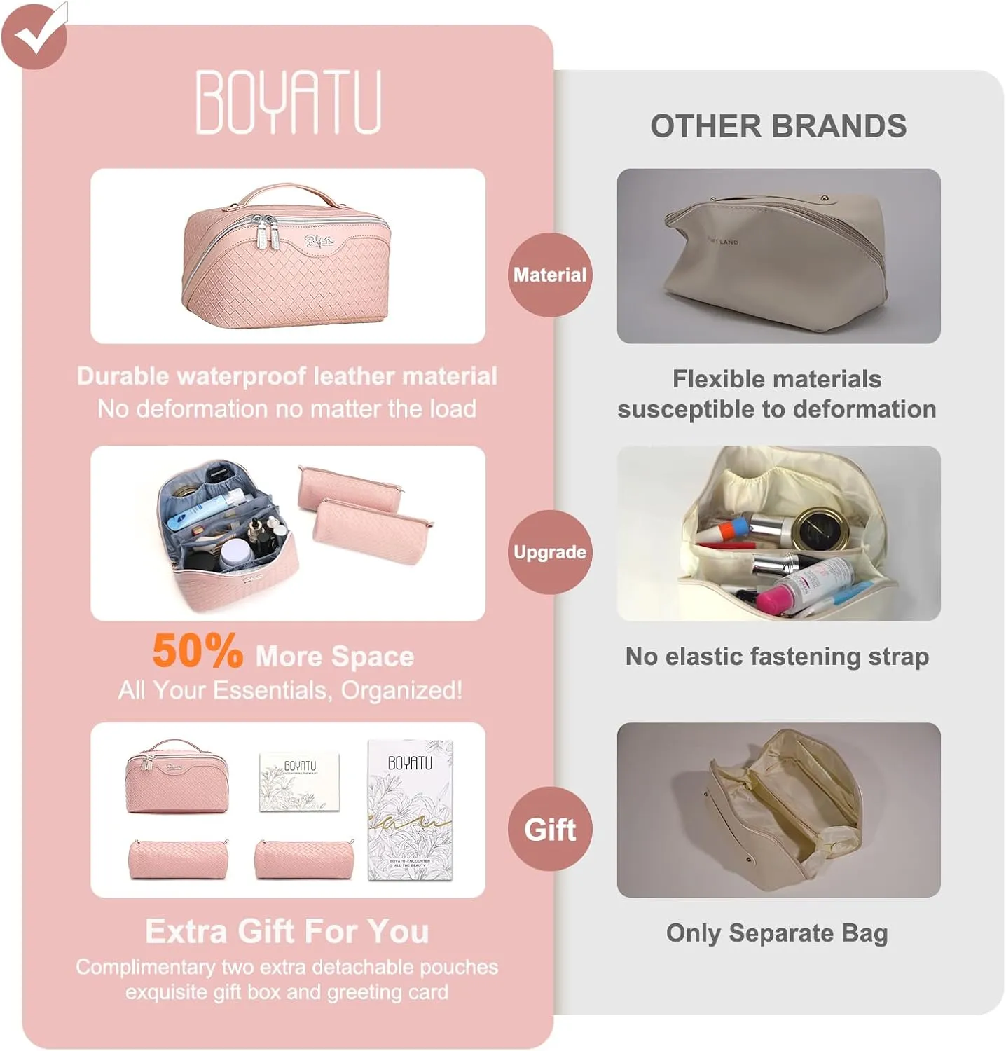 BOYATU Travel Makeup Bags for Women: Large Cosmetic Bag Waterproof - Vegan Leather Make up Bag Set of 3 - Compact Toiletry Organizer with Compartments & Handle & Divider (L01 Light Pink)