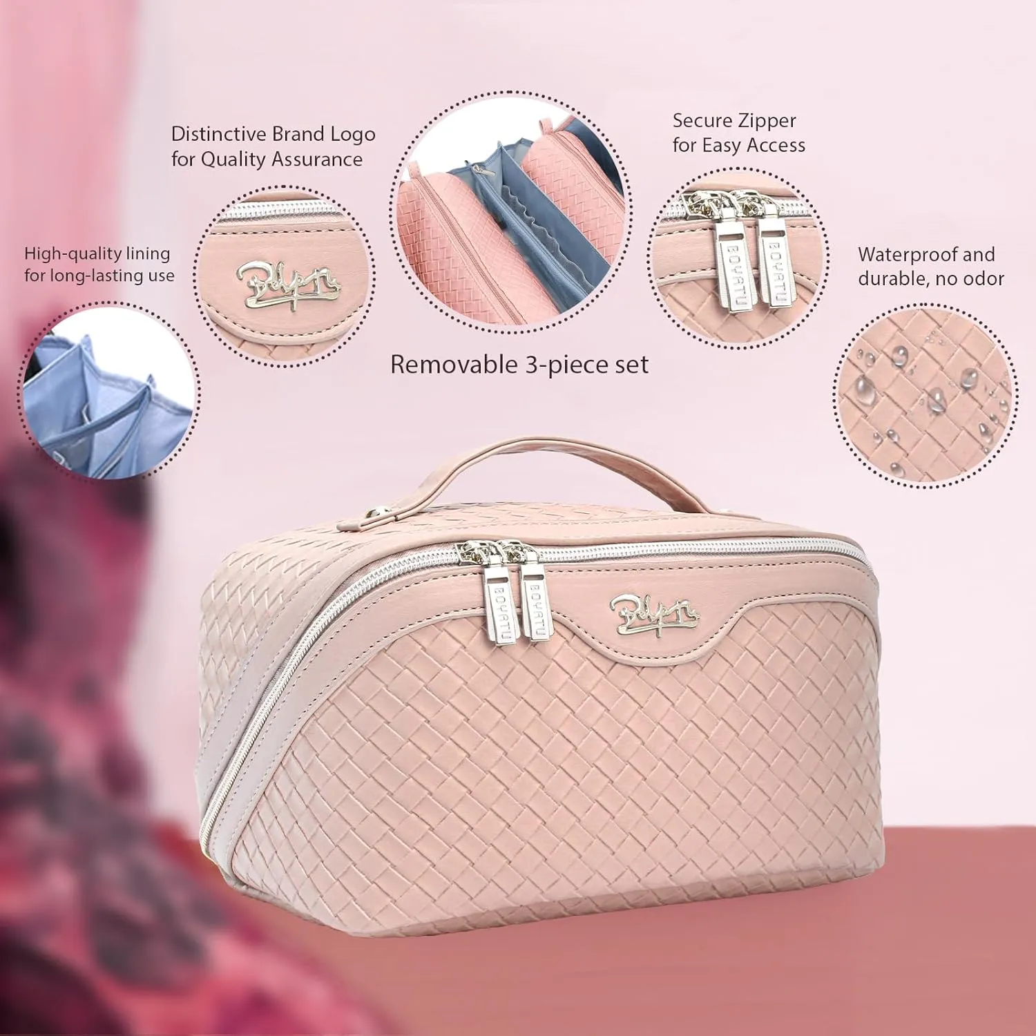 BOYATU Travel Makeup Bags for Women: Large Cosmetic Bag Waterproof - Vegan Leather Make up Bag Set of 3 - Compact Toiletry Organizer with Compartments & Handle & Divider (L01 Light Pink)