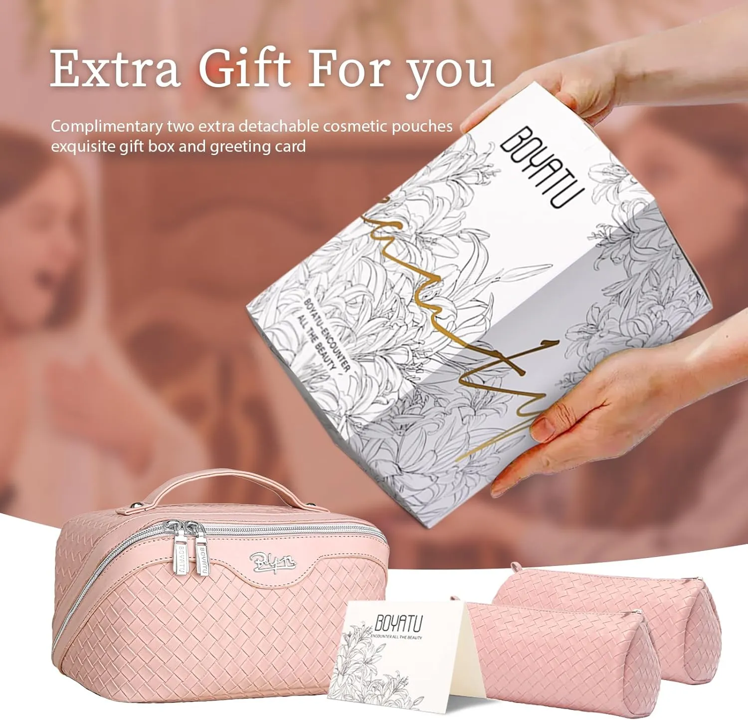 BOYATU Travel Makeup Bags for Women: Large Cosmetic Bag Waterproof - Vegan Leather Make up Bag Set of 3 - Compact Toiletry Organizer with Compartments & Handle & Divider (L01 Light Pink)
