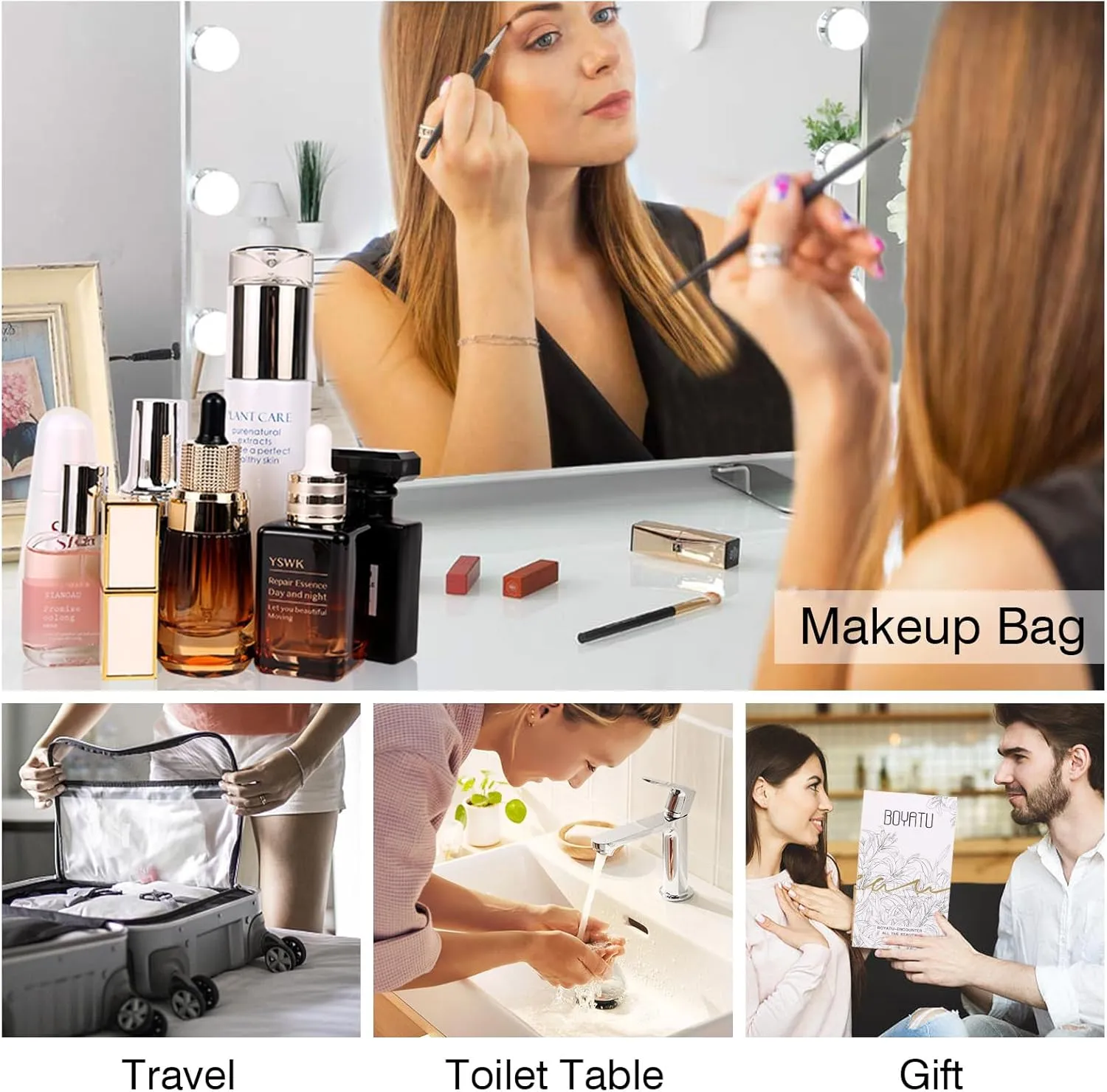 BOYATU Travel Makeup Bags for Women: Vegan Leather Cosmetic Bag Set of 3 - Large Capacity Make up Bag with Divider - Wide Open Waterproof Toiletry Organizer Bag with Handle (05-Brown)