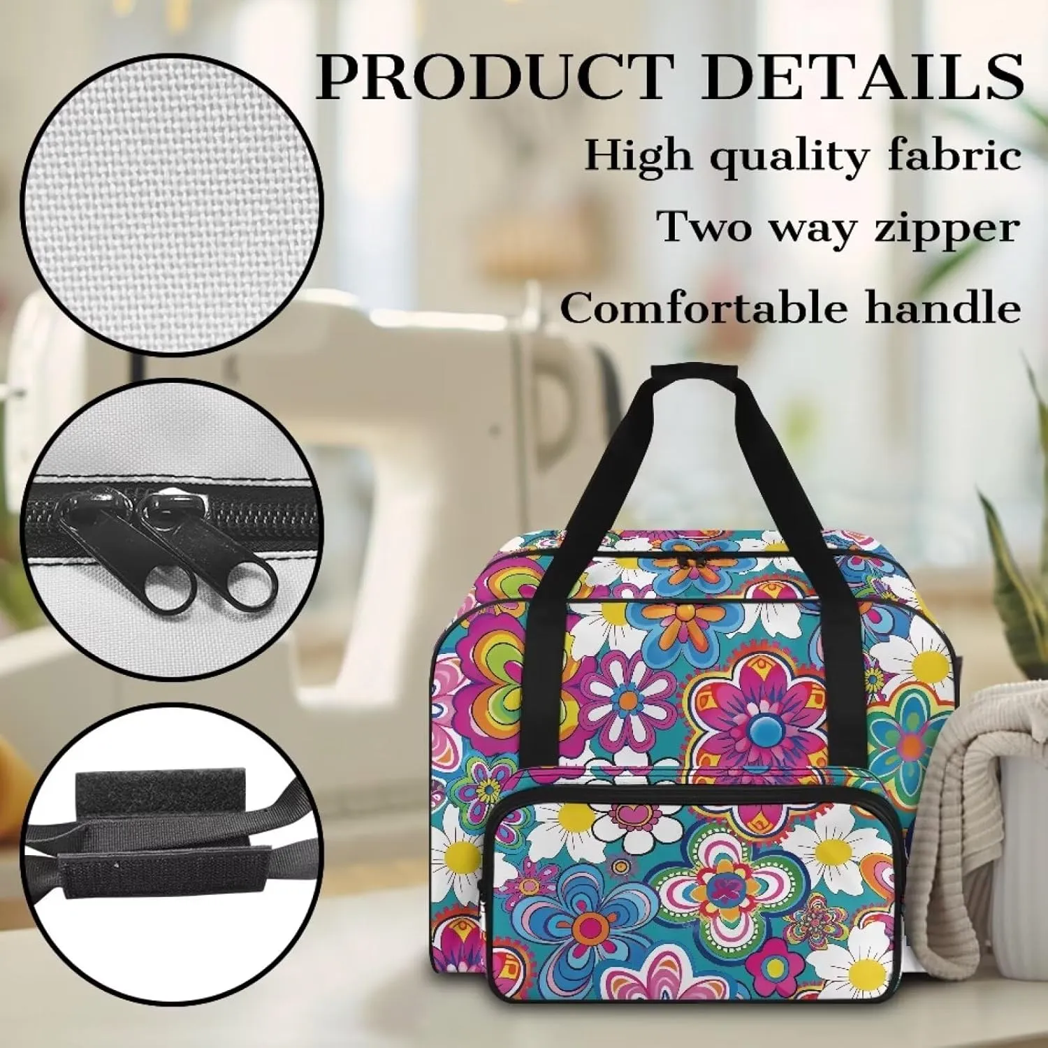 Bright HIppie Flower Sewing Machine Case, Large Capacity Universal Portable Sewing Machine Carrying Bag，Travel Tote Bag Sewing Machine Carrying Case for Sewing Supplies