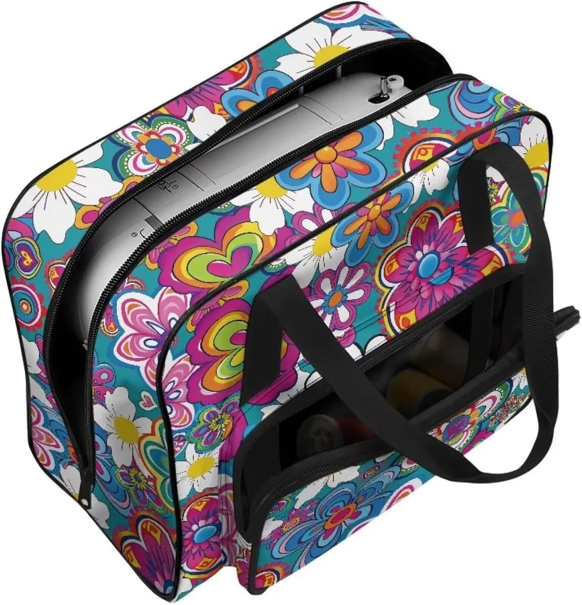 Bright HIppie Flower Sewing Machine Case, Large Capacity Universal Portable Sewing Machine Carrying Bag，Travel Tote Bag Sewing Machine Carrying Case for Sewing Supplies